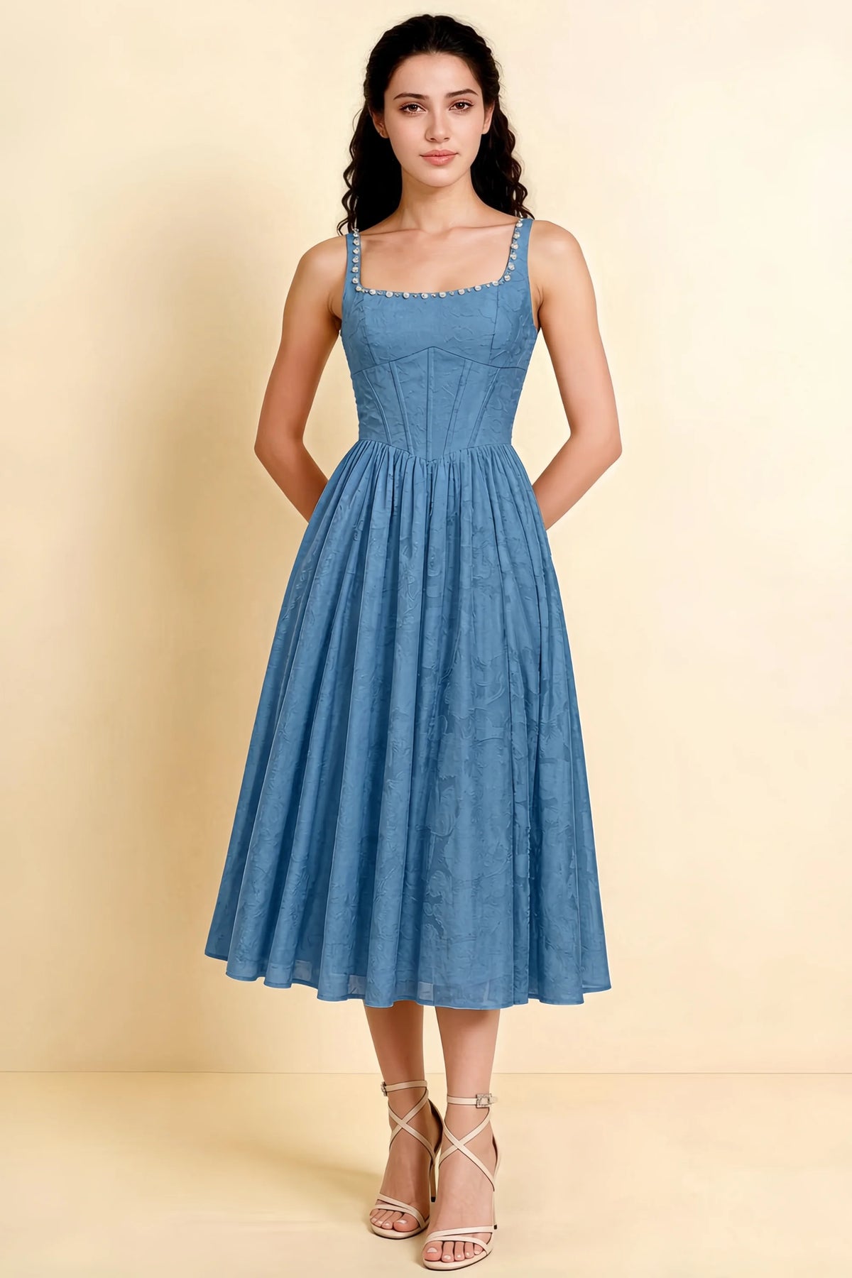 Alana Steel Blue Jacquard Pearl Midi Dress with Pockets