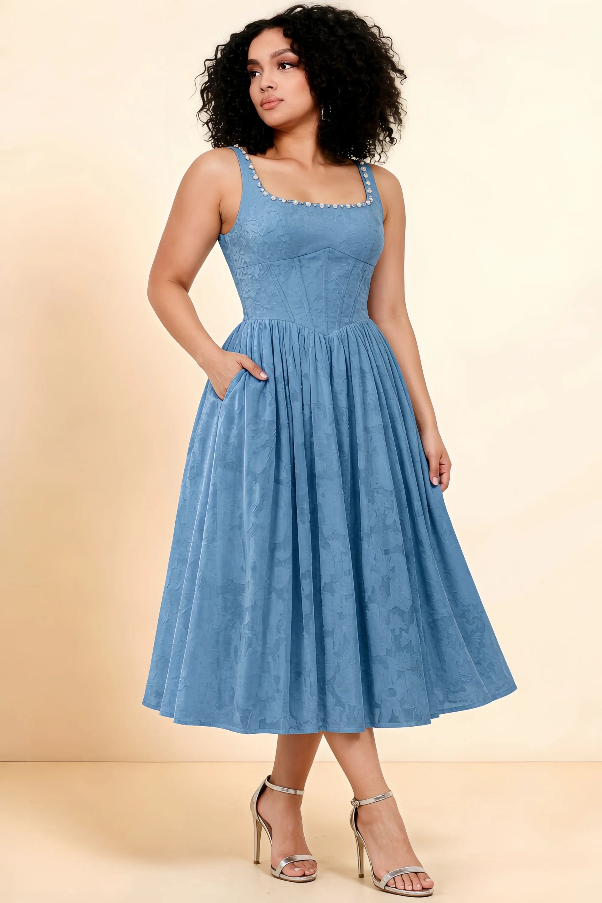 Alana Steel Blue Jacquard Pearl Midi Dress with Pockets