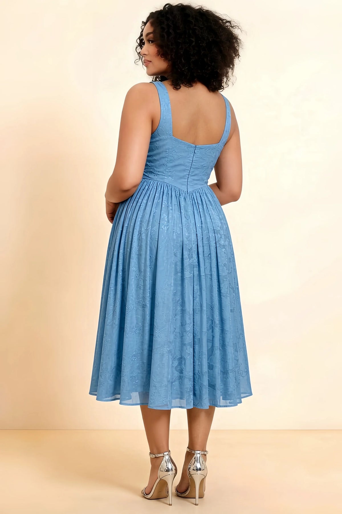 Alana Steel Blue Jacquard Pearl Midi Dress with Pockets