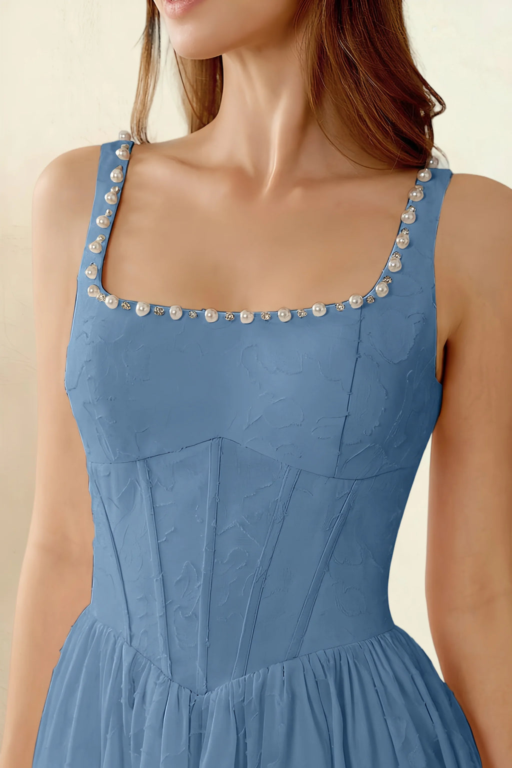 Alana Steel Blue Jacquard Pearl Midi Dress with Pockets