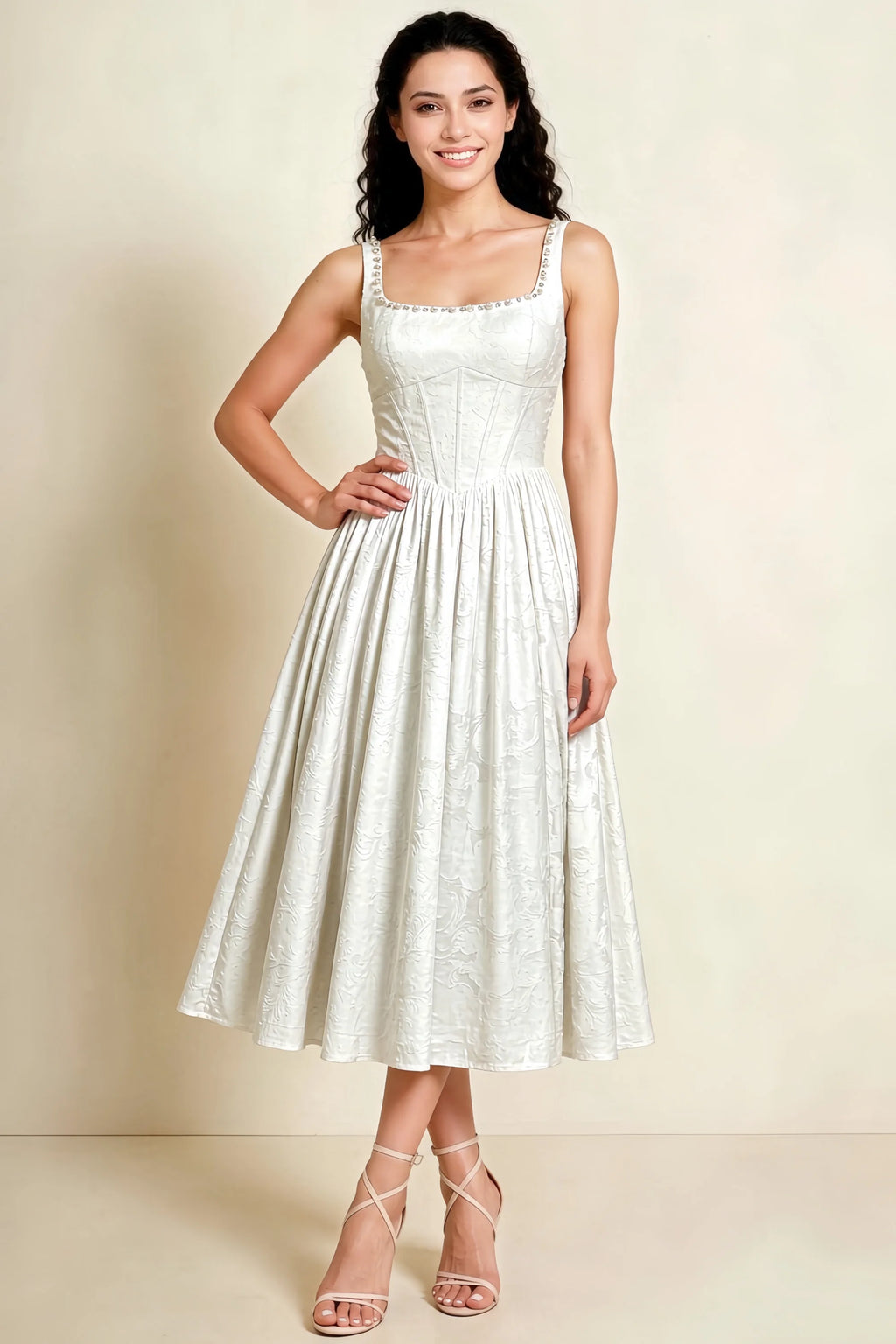 Alana White Jacquard Pearl Midi Dress with Pockets