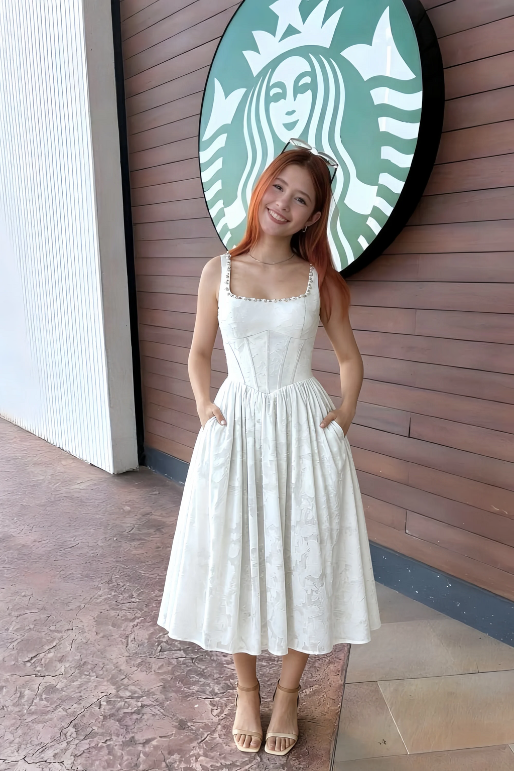 Alana White Jacquard Pearl Midi Dress with Pockets
