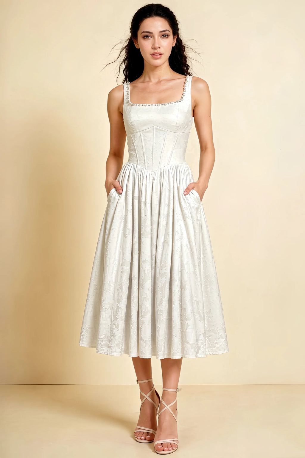 Alana White Jacquard Pearl Midi Dress with Pockets