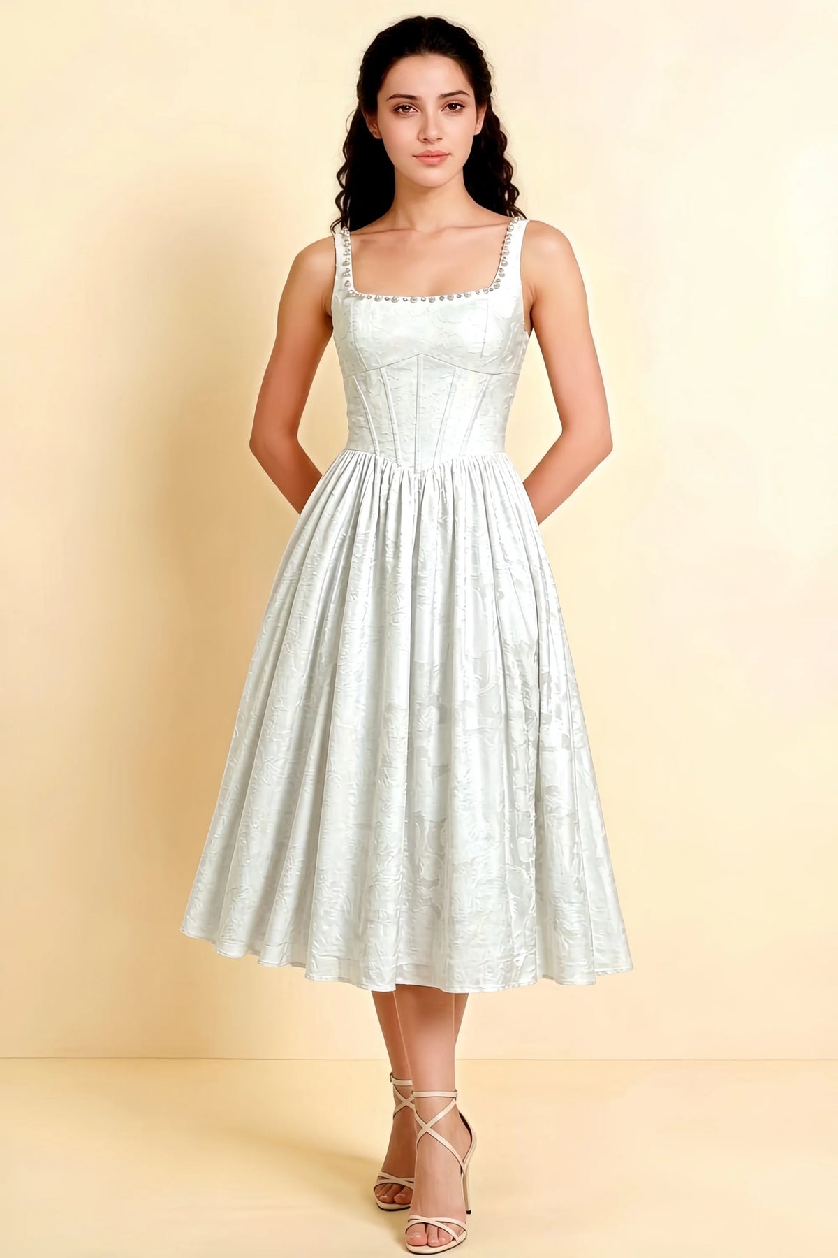 Alana White Jacquard Pearl Midi Dress with Pockets