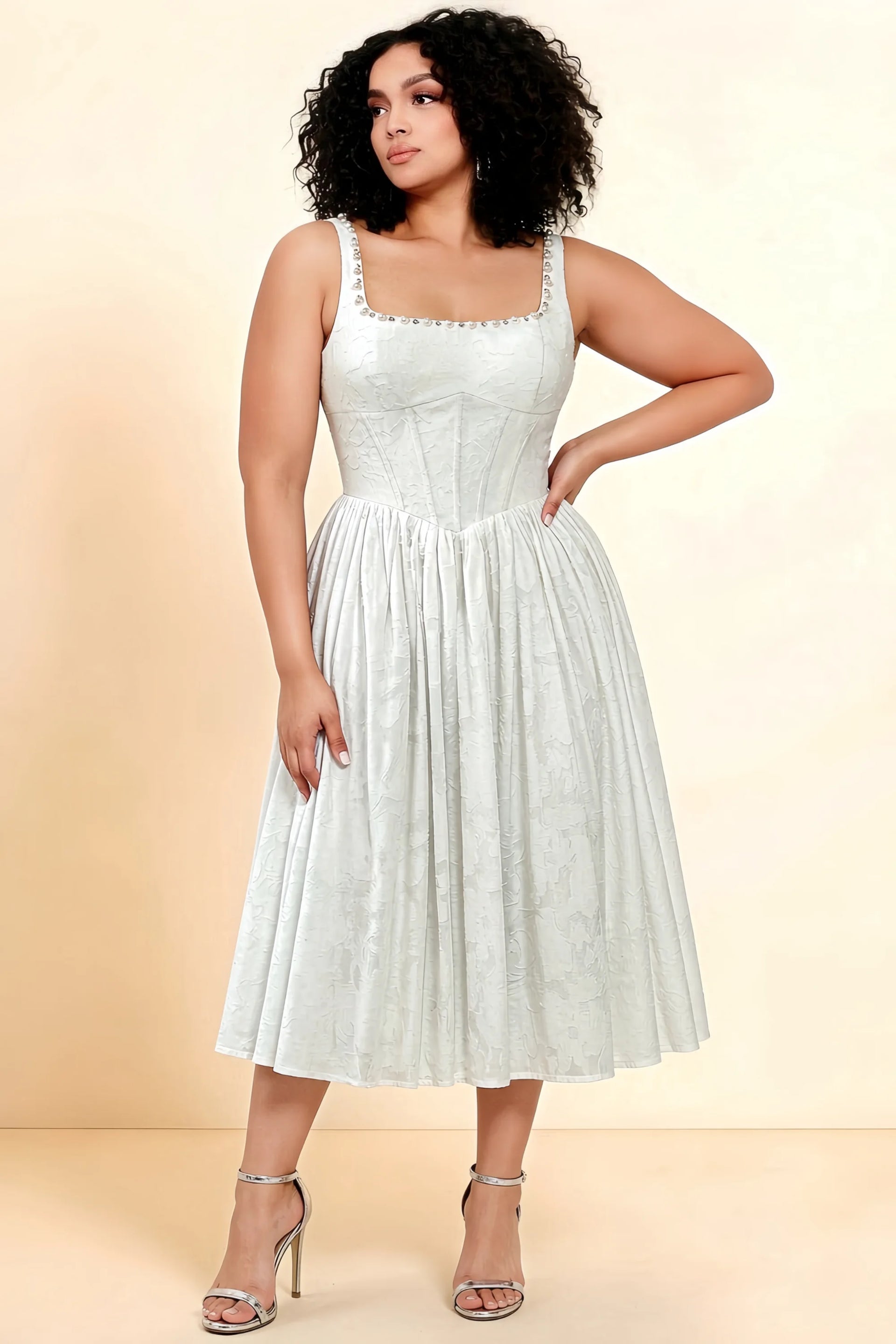 Alana White Jacquard Pearl Midi Dress with Pockets