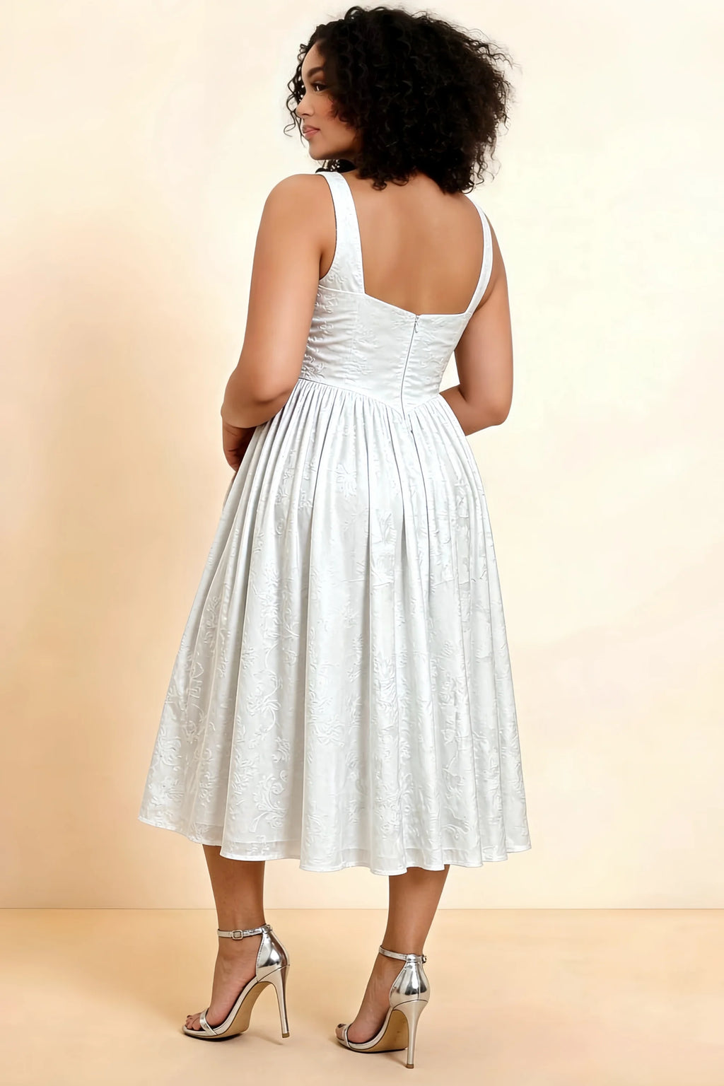 Alana White Jacquard Pearl Midi Dress with Pockets