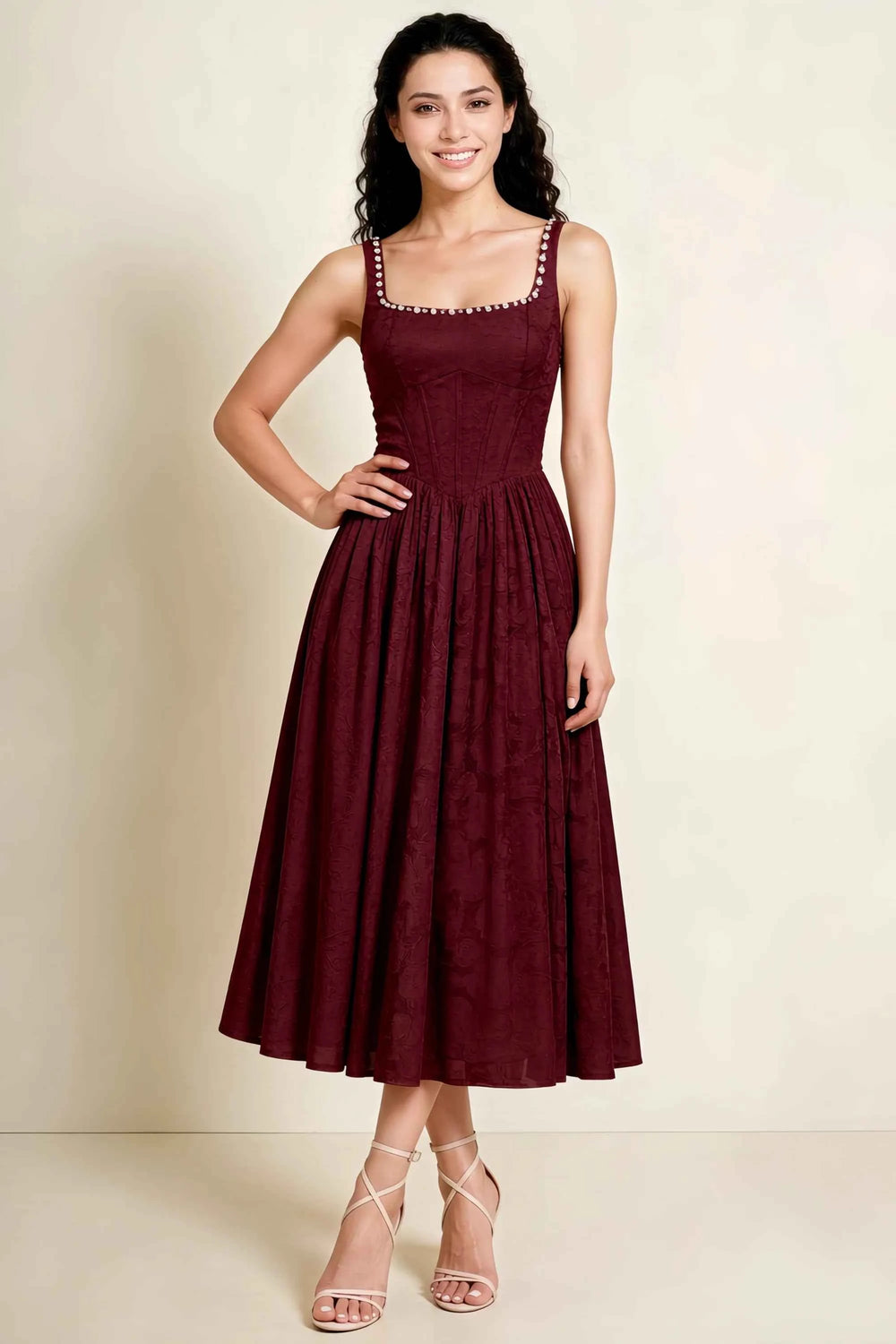 Translation missing: en.Front view of the LVLVS Alana wine midi dress, showing the pearl-trimmed square neckline, shaped bodice and gathered full skirt. content.product_image_main