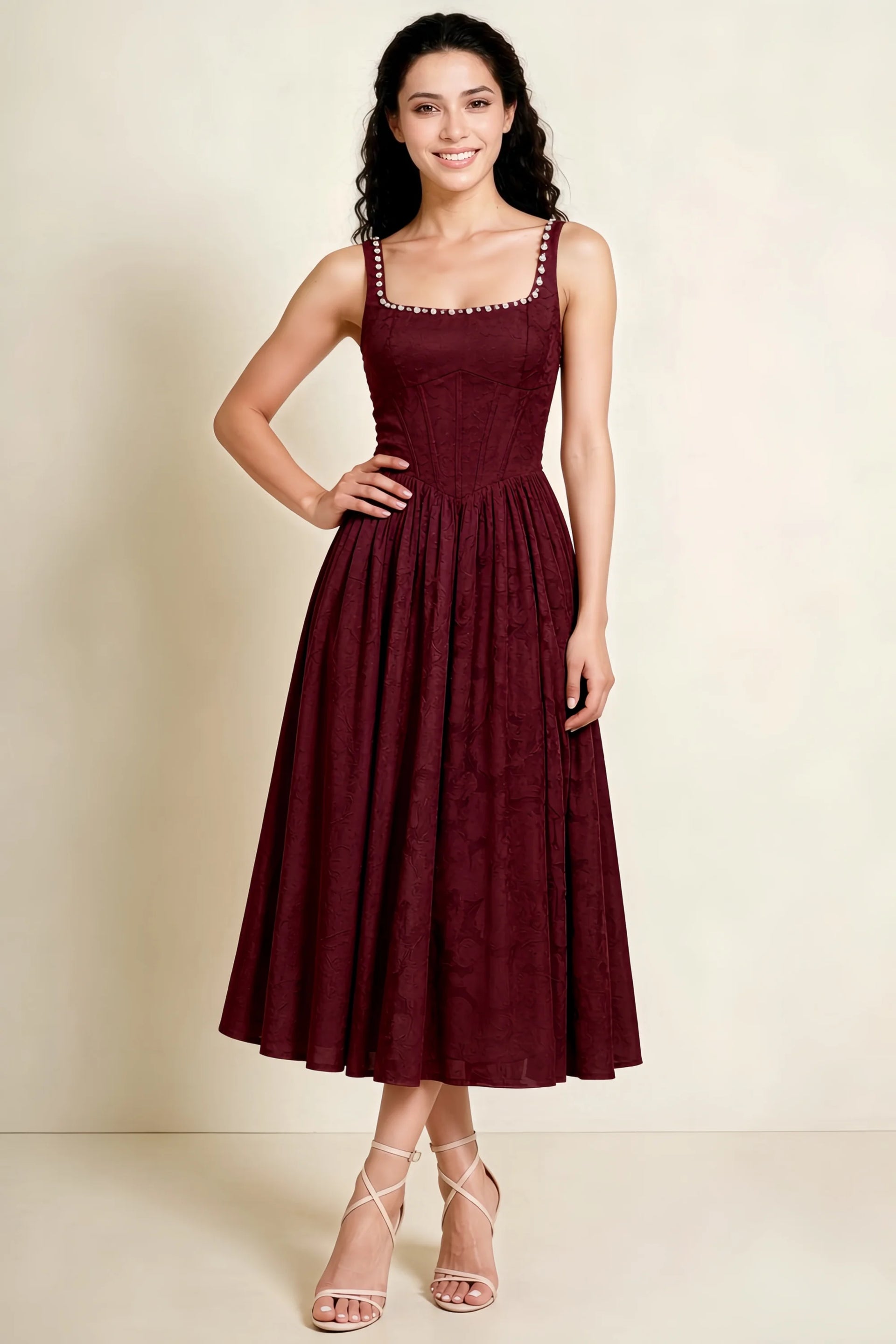 Alana Wine Jacquard Pearl Midi Dress with Pockets