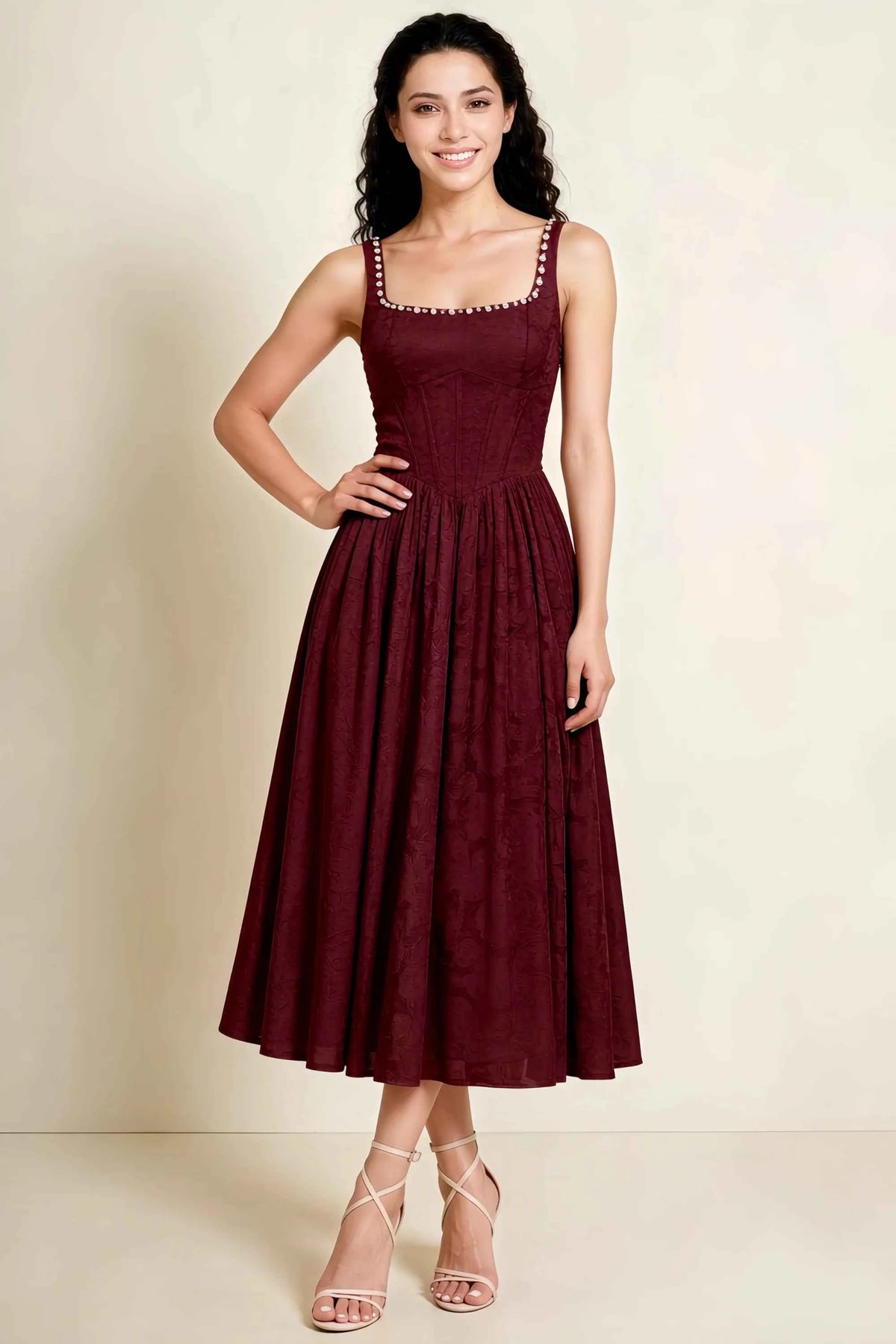 Alana Wine Jacquard Pearl Midi Dress with Pockets Main image