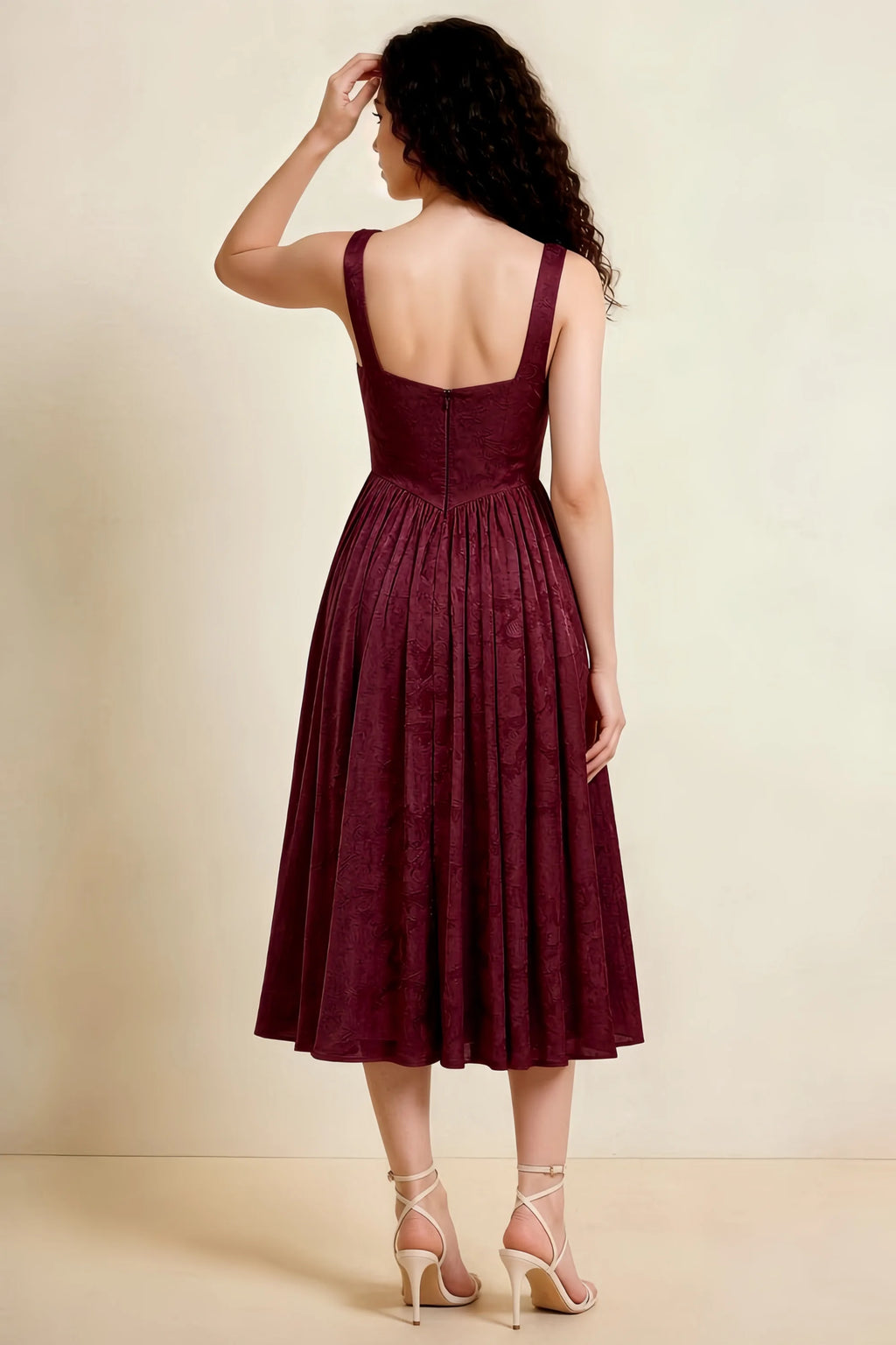 Alana Wine Jacquard Pearl Midi Dress with Pockets