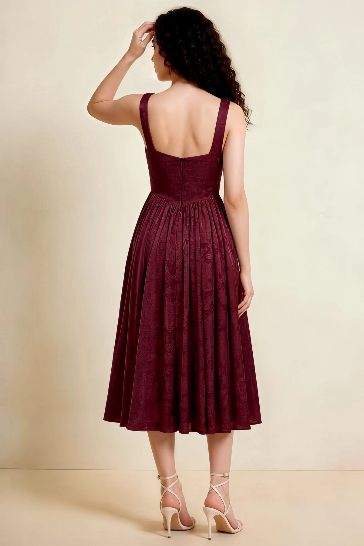 Alana Wine Jacquard Pearl Midi Dress with Pockets