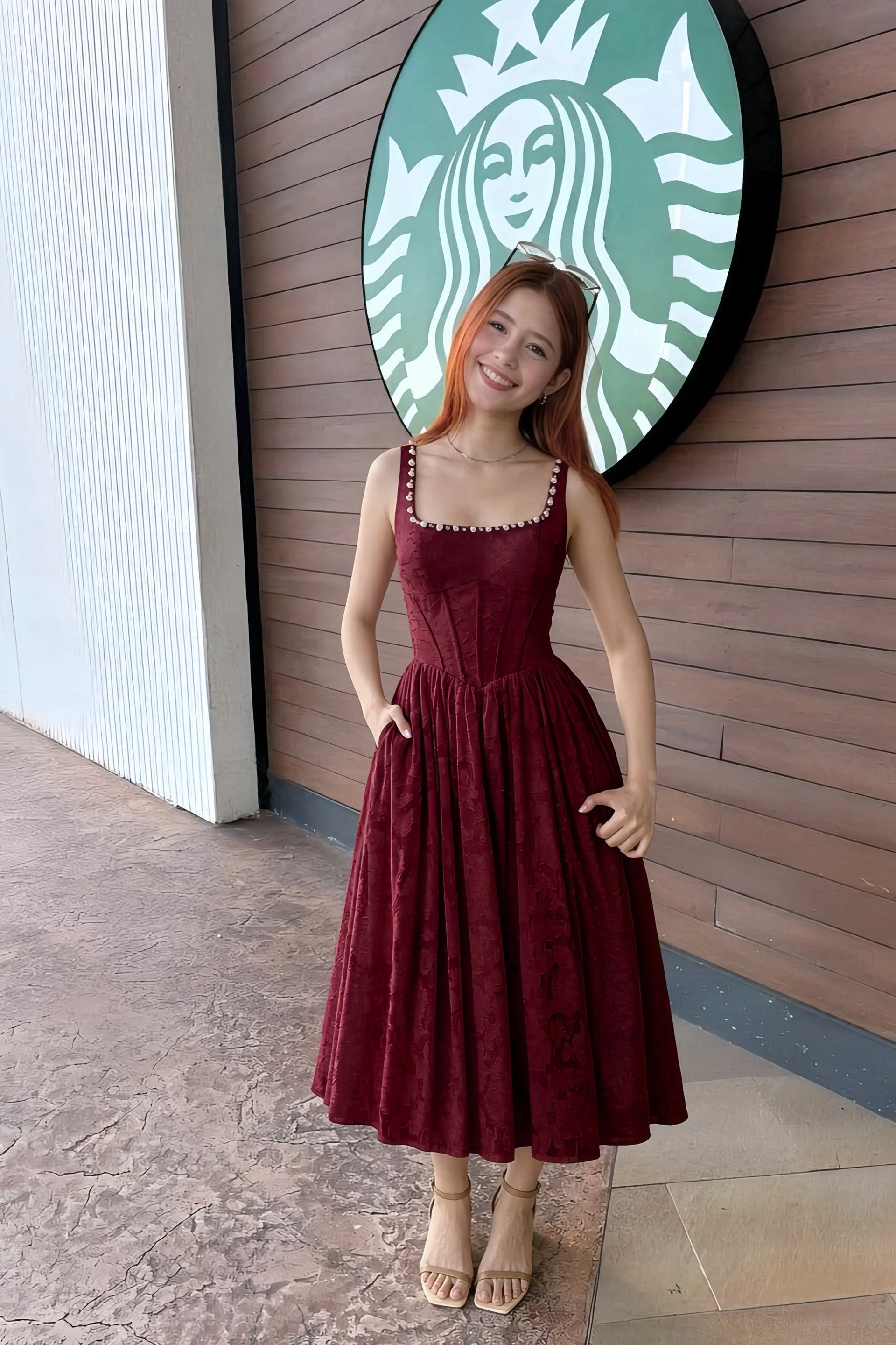 Alana Wine Jacquard Pearl Midi Dress with Pockets