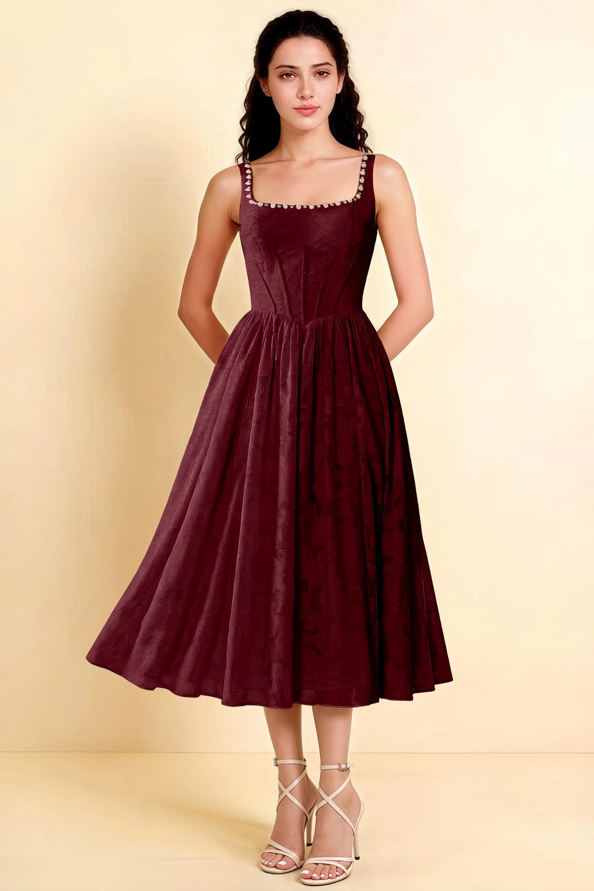Alana Wine Jacquard Pearl Midi Dress with Pockets