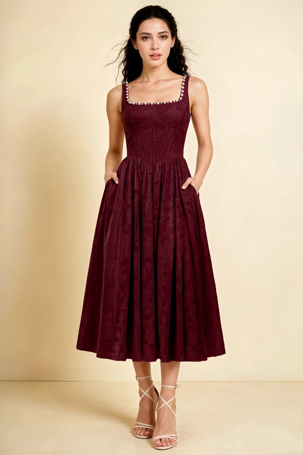 Alana Wine Jacquard Pearl Midi Dress with Pockets