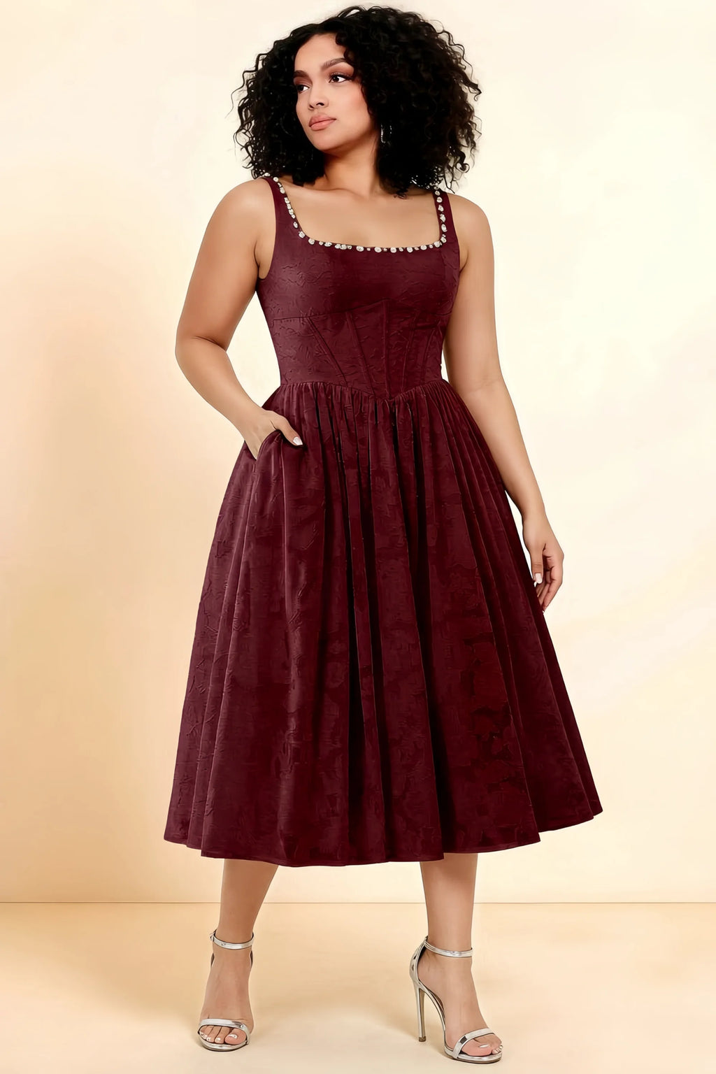 Alana Wine Jacquard Pearl Midi Dress with Pockets