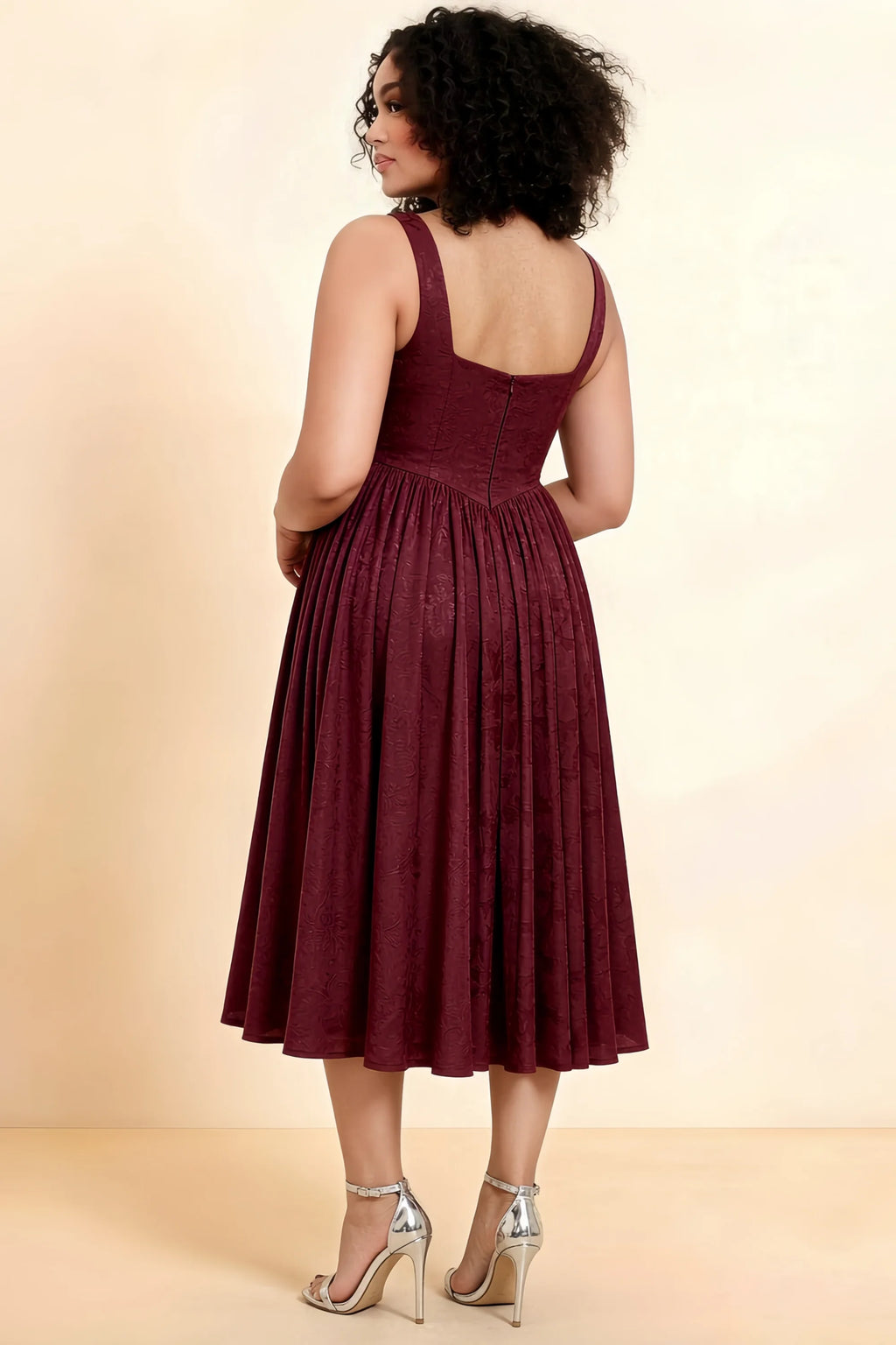 Alana Wine Jacquard Pearl Midi Dress with Pockets
