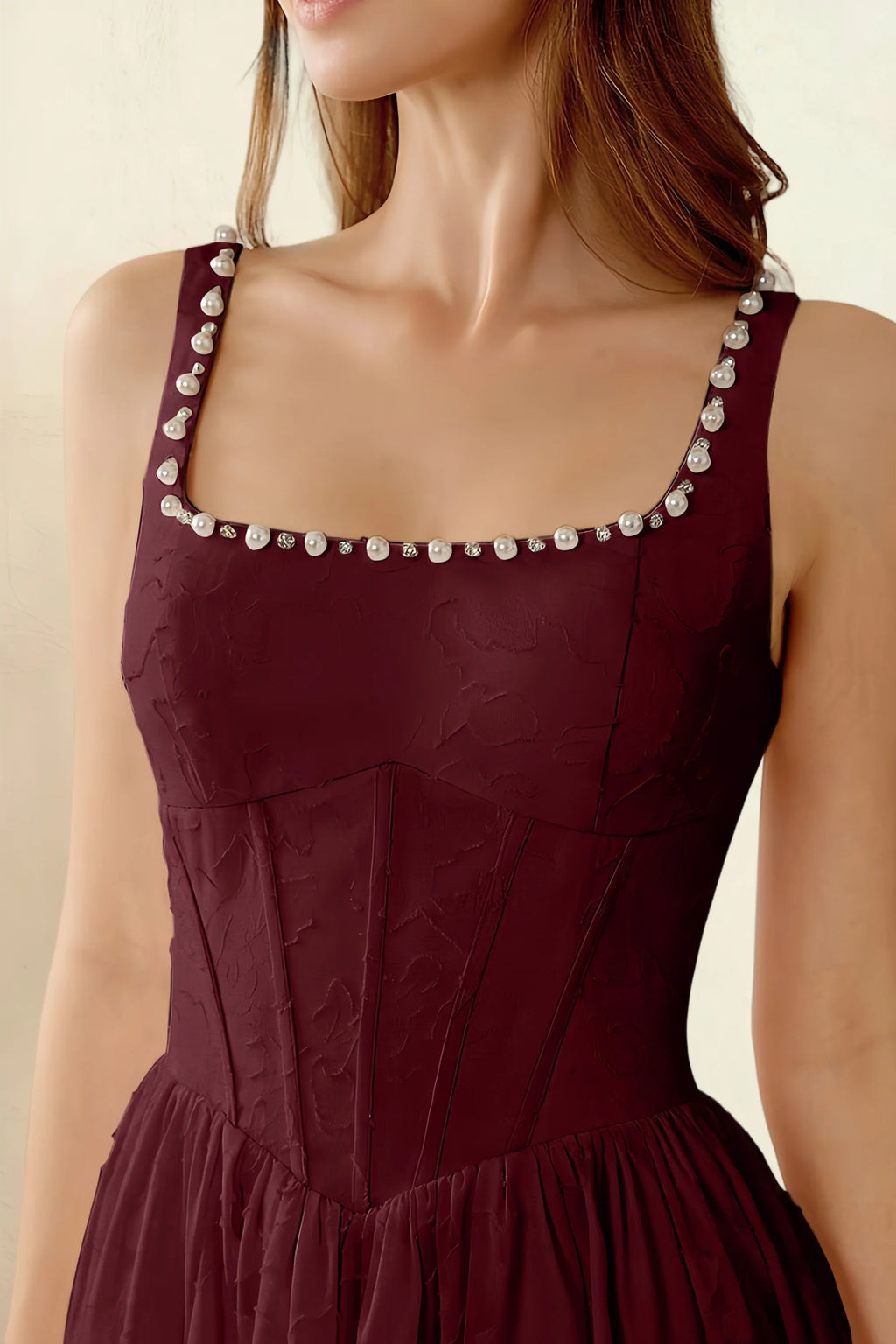 Alana Wine Jacquard Pearl Midi Dress with Pockets