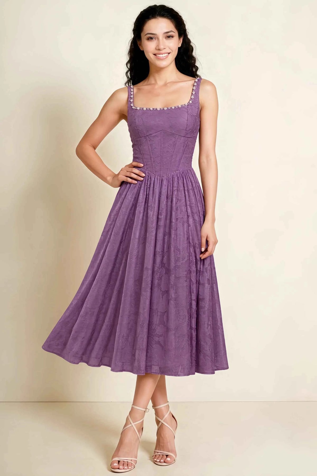 Alana Wisteria Jacquard Pearl Midi Dress with Pockets Main image