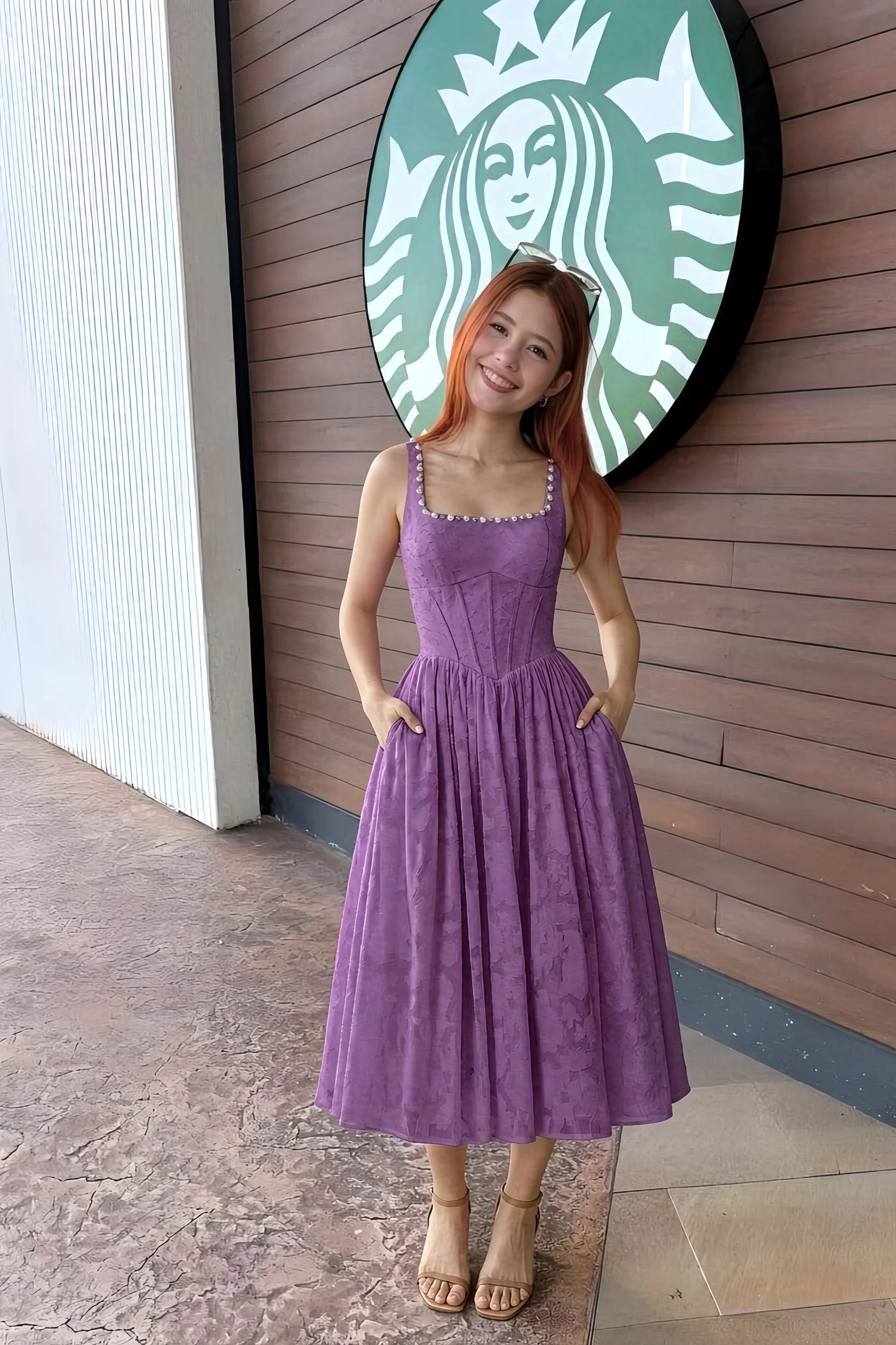 Alana Wisteria Jacquard Pearl Midi Dress with Pockets