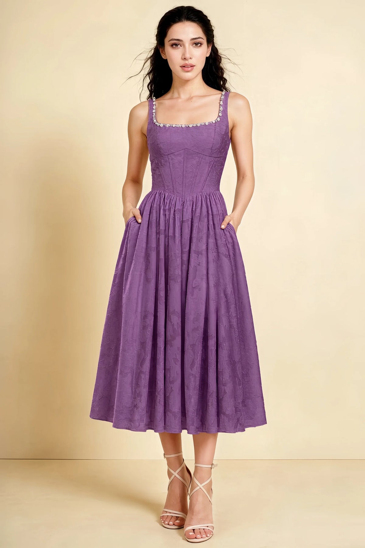 Alana Wisteria Jacquard Pearl Midi Dress with Pockets