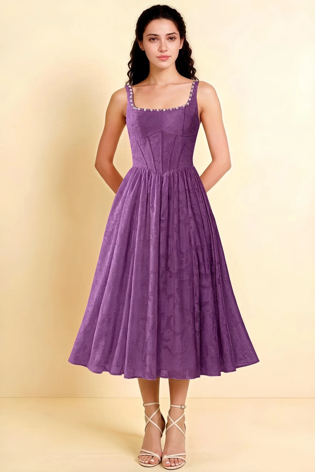 Alana Wisteria Jacquard Pearl Midi Dress with Pockets