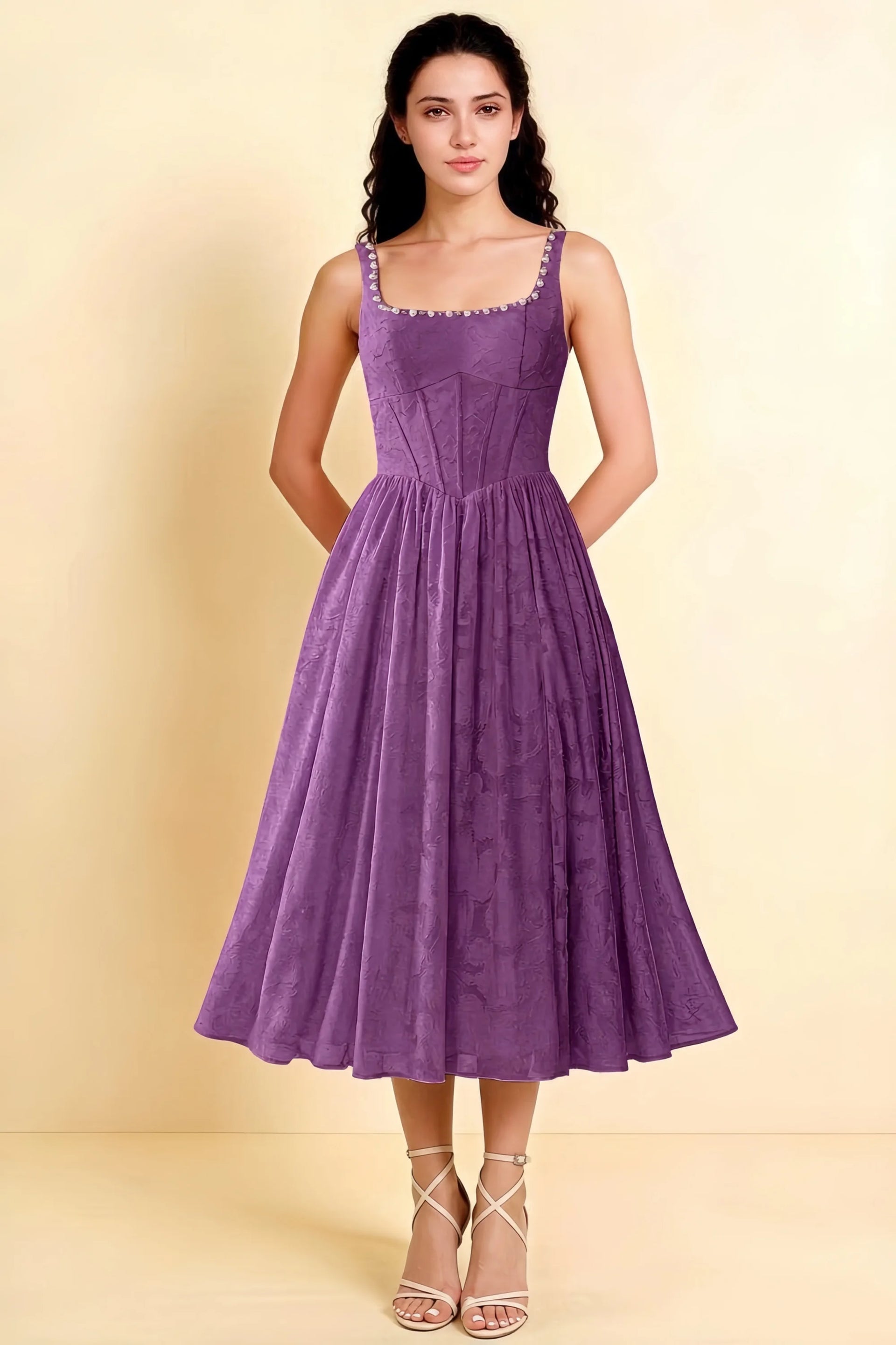 Alana Wisteria Jacquard Pearl Midi Dress with Pockets