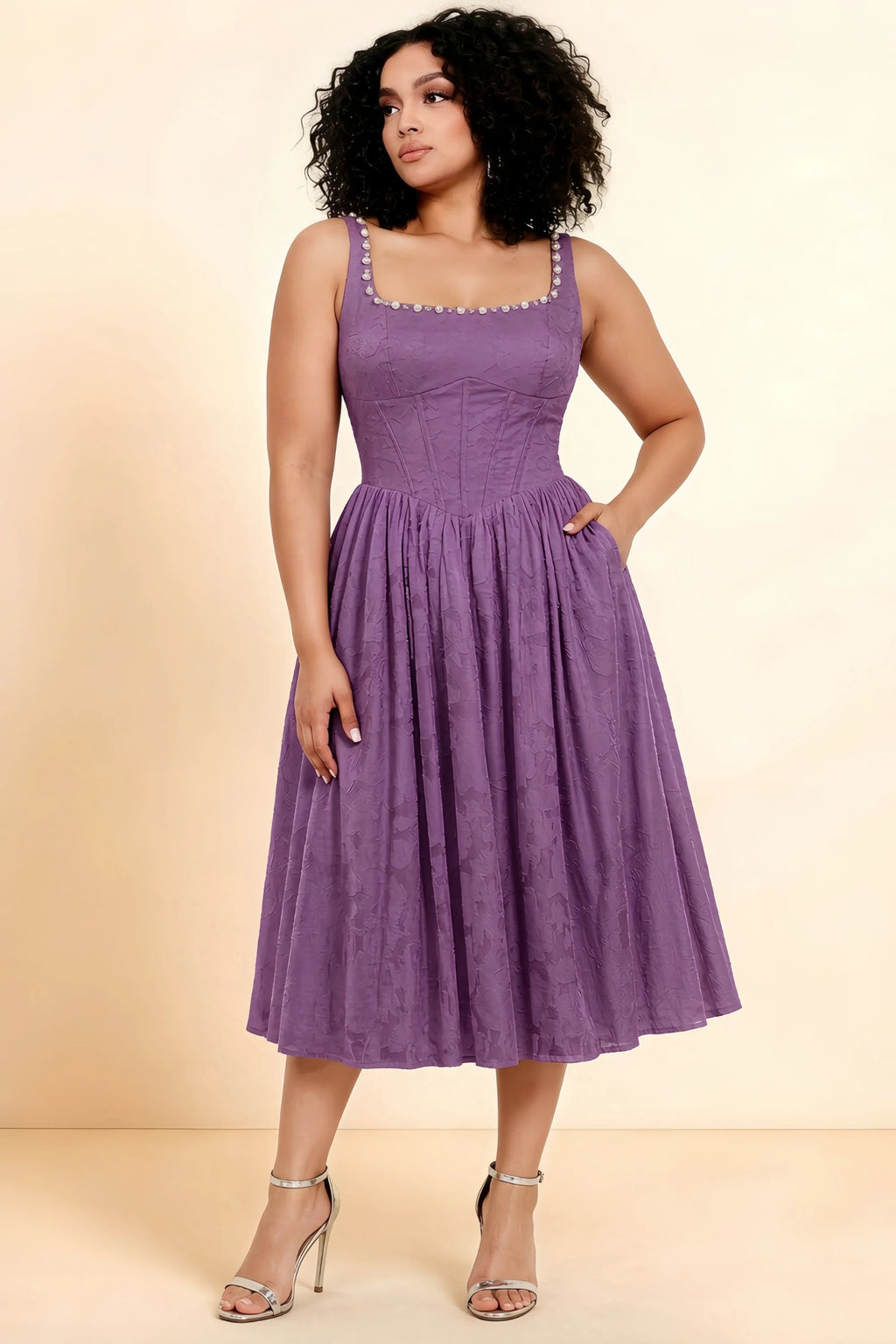 Alana Wisteria Jacquard Pearl Midi Dress with Pockets