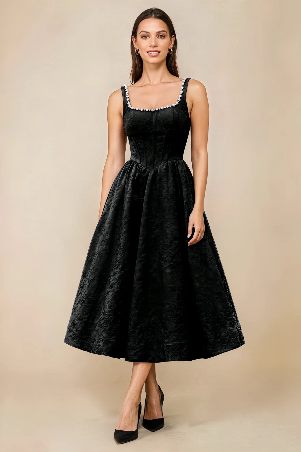 Alberta Black Jacquard Square Neck Midi Dress with Pearl