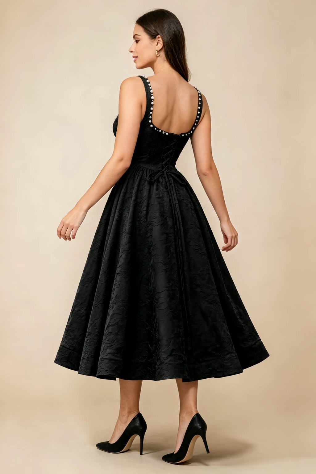 Alberta Black Jacquard Square Neck Midi Dress with Pearl