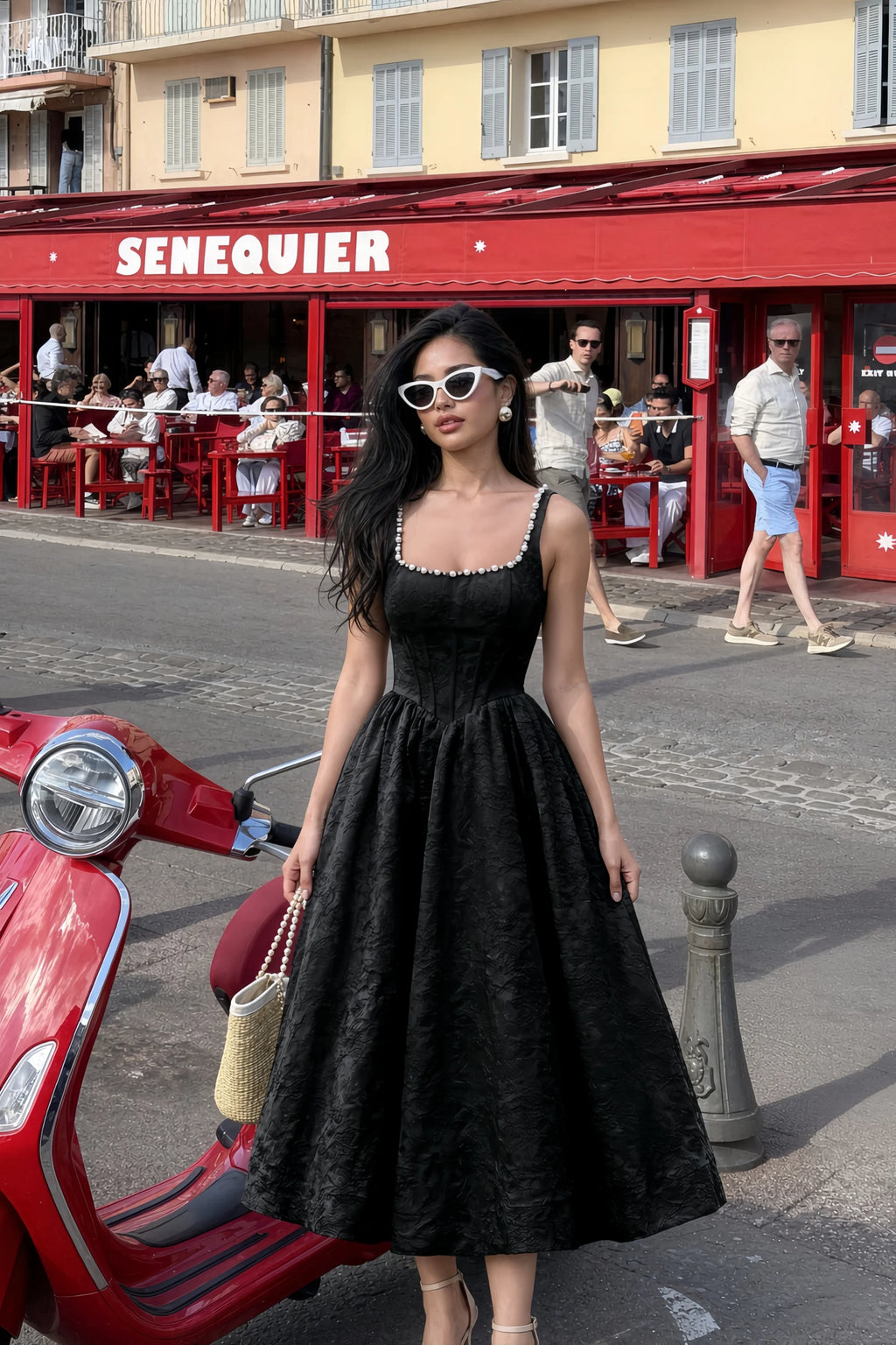 Alberta Black Jacquard Square Neck Midi Dress with Pearl