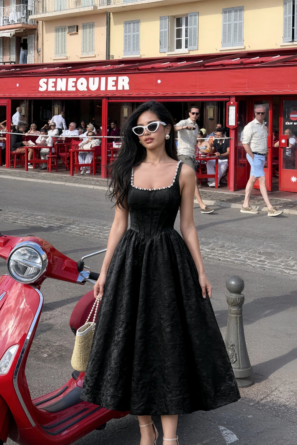 Alberta Black Jacquard Square Neck Midi Dress with Pearl