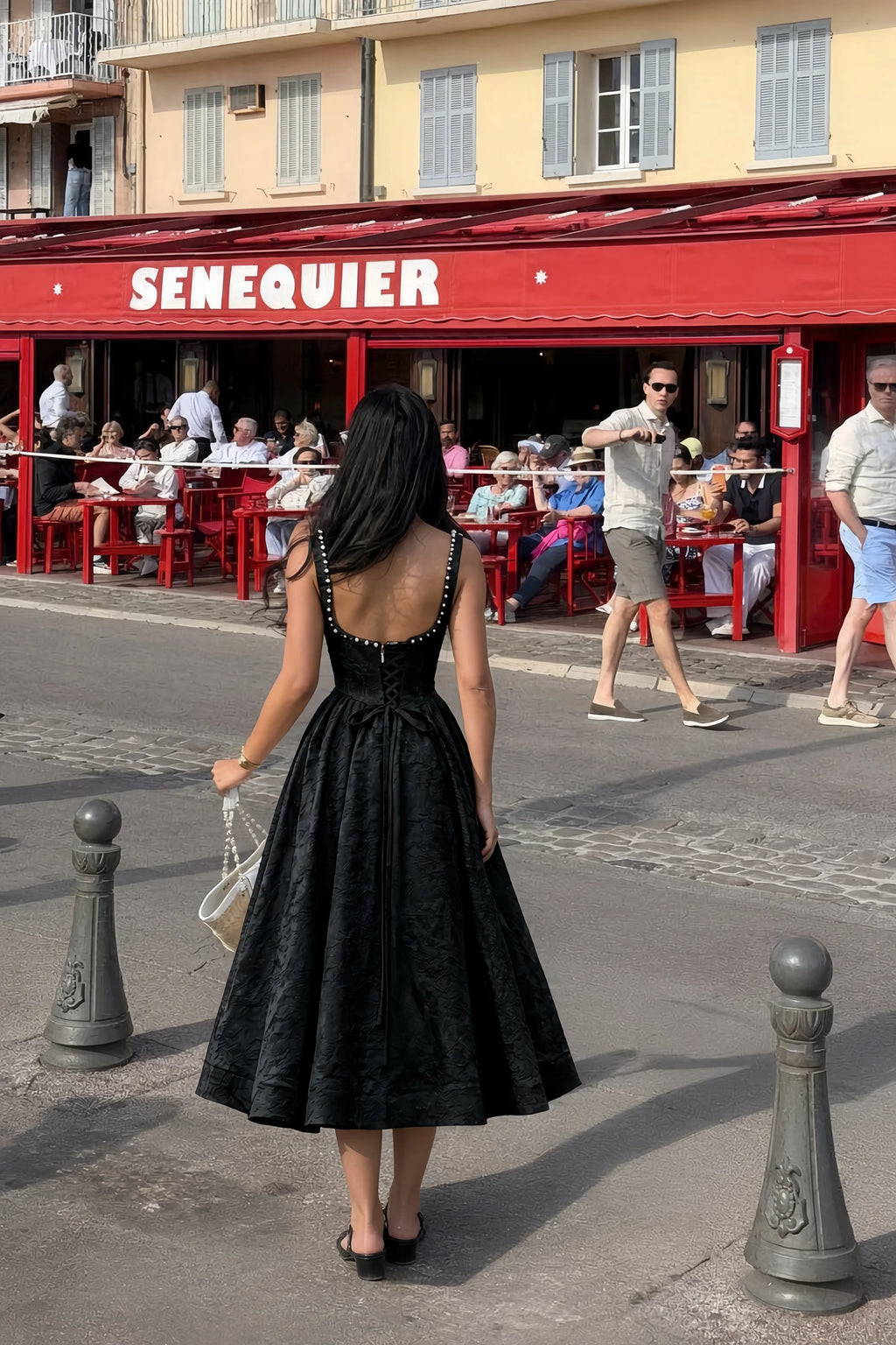 Alberta Black Jacquard Square Neck Midi Dress with Pearl