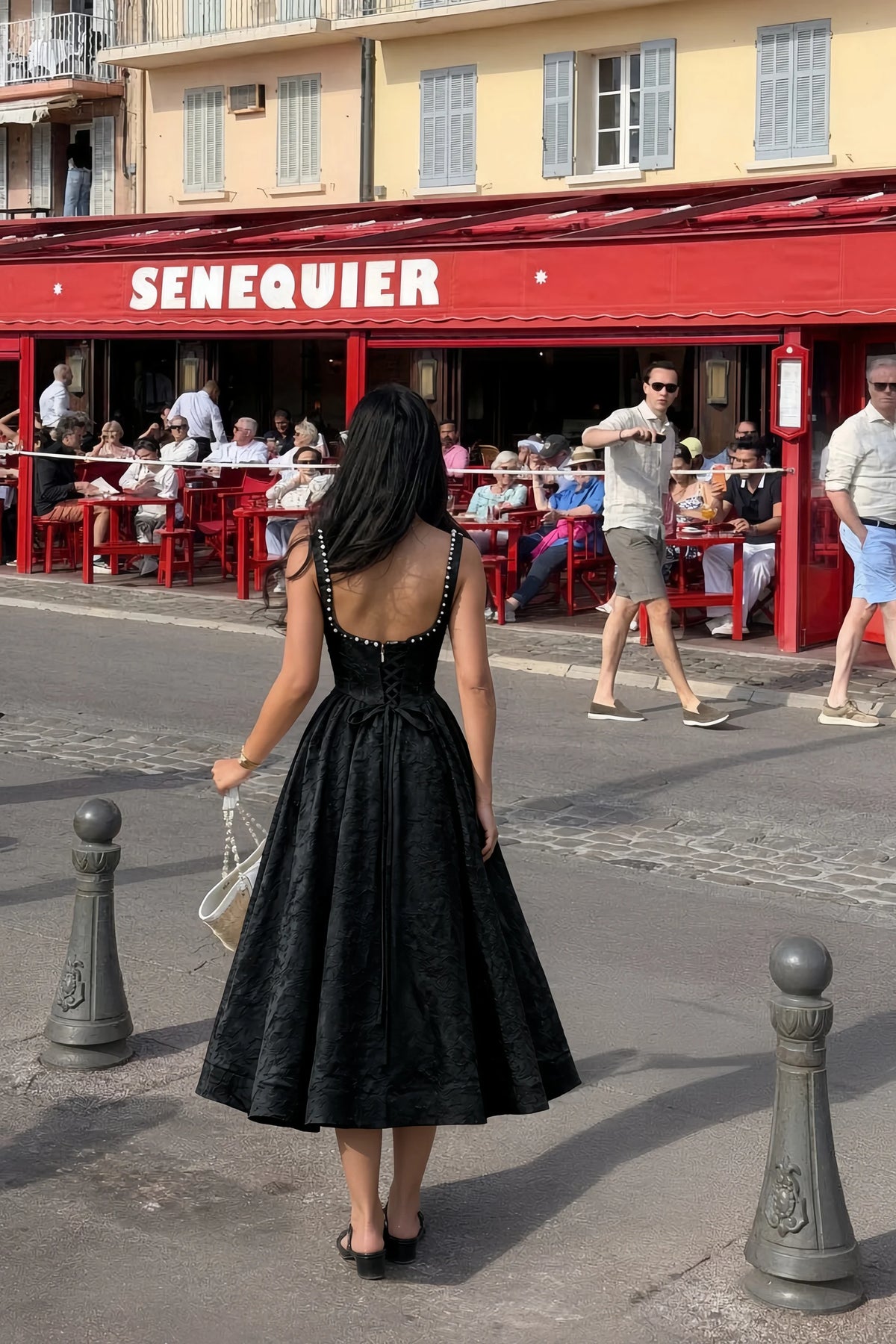 Alberta Black Jacquard Square Neck Midi Dress with Pearl