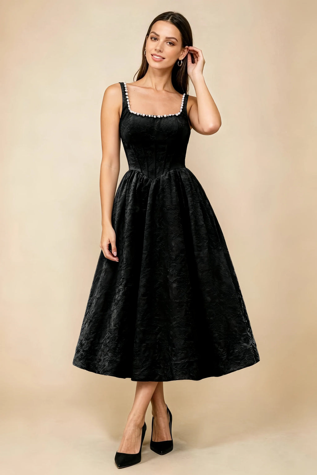 Alberta Black Jacquard Square Neck Midi Dress with Pearl