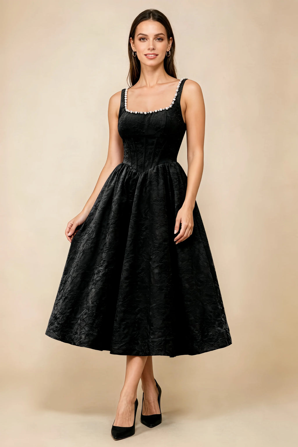 Alberta Black Jacquard Square Neck Midi Dress with Pearl