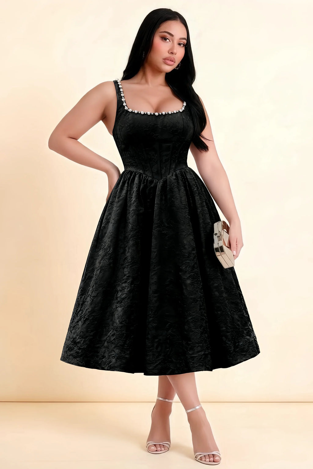 Alberta Black Jacquard Square Neck Midi Dress with Pearl