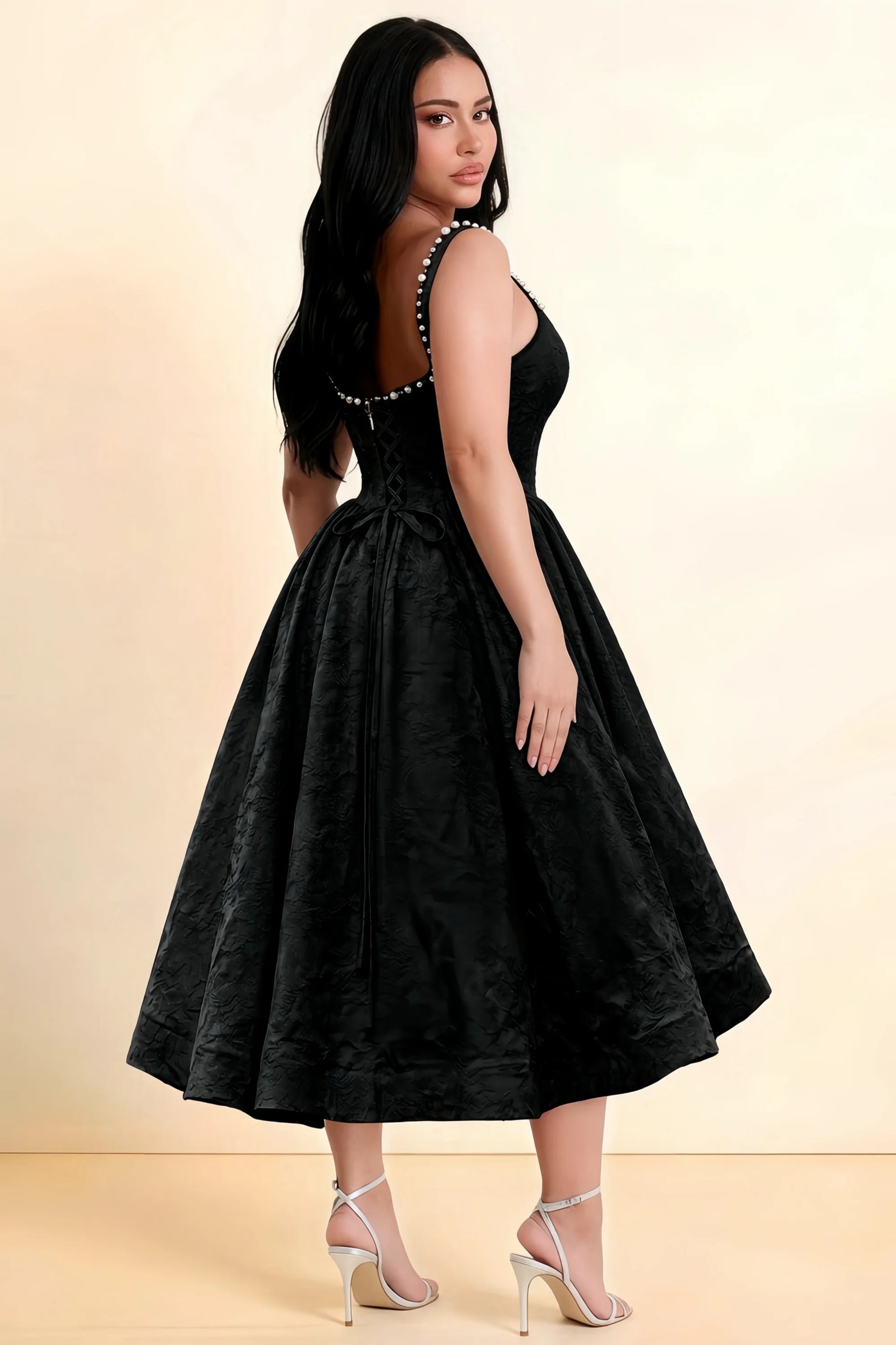 Alberta Black Jacquard Square Neck Midi Dress with Pearl
