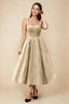Alberta Champagne Jacquard Square Neck Midi Dress with Pearl