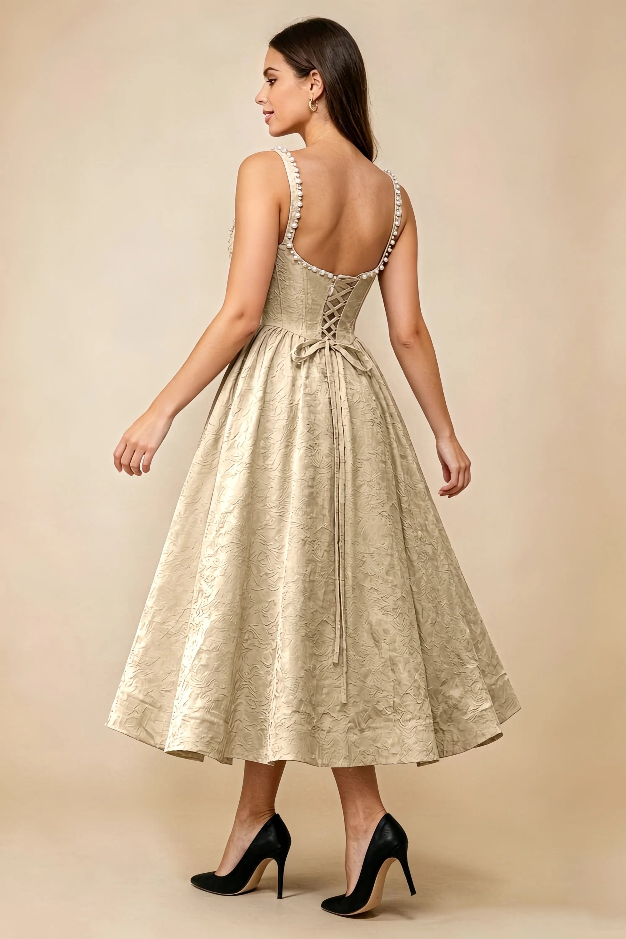 Alberta Champagne Jacquard Square Neck Midi Dress with Pearl Secondary image