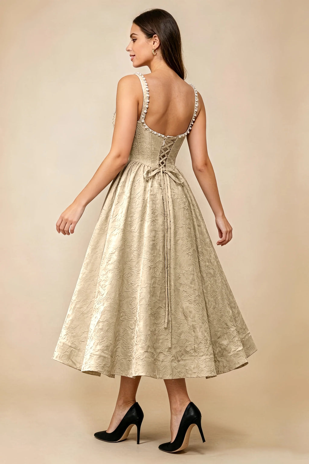 Alberta Champagne Jacquard Square Neck Midi Dress with Pearl