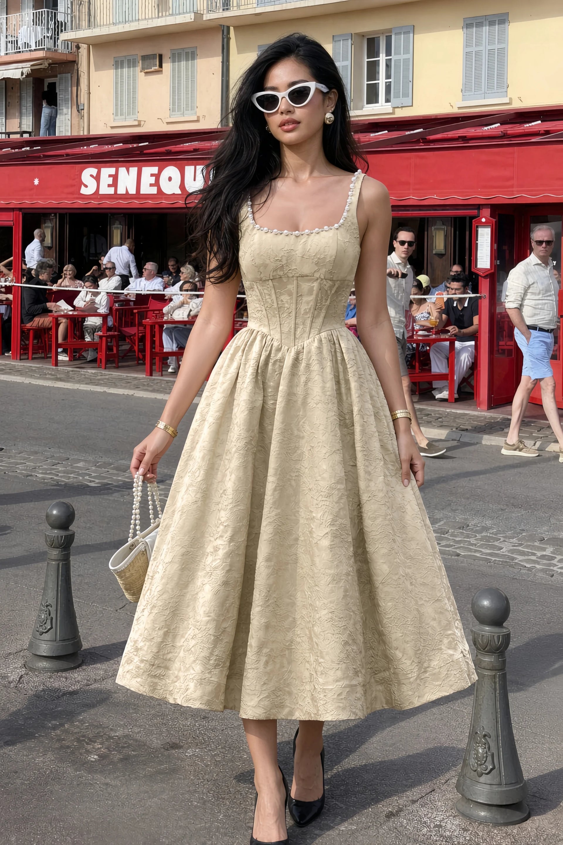Alberta Champagne Jacquard Square Neck Midi Dress with Pearl