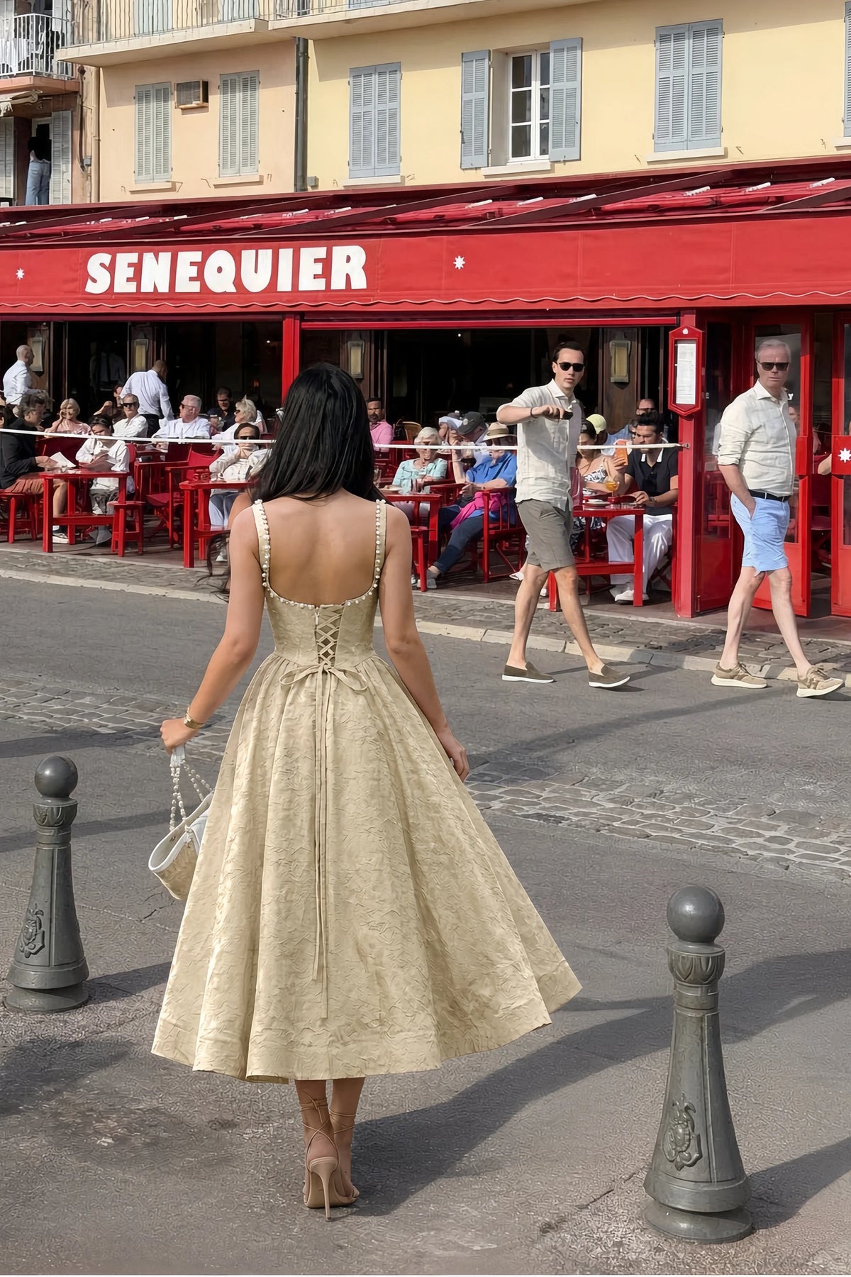 Alberta Champagne Jacquard Square Neck Midi Dress with Pearl