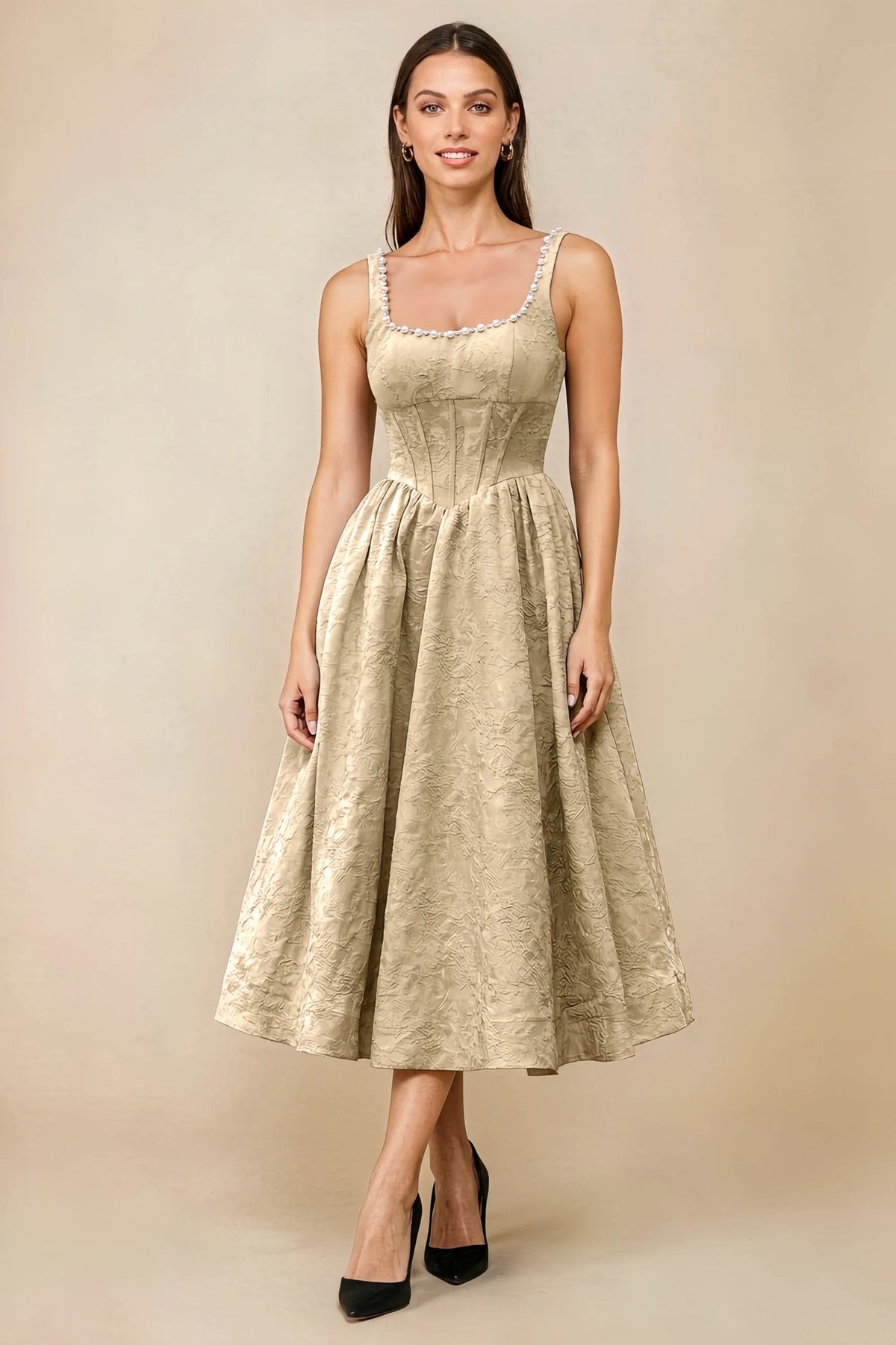 Alberta Champagne Jacquard Square Neck Midi Dress with Pearl