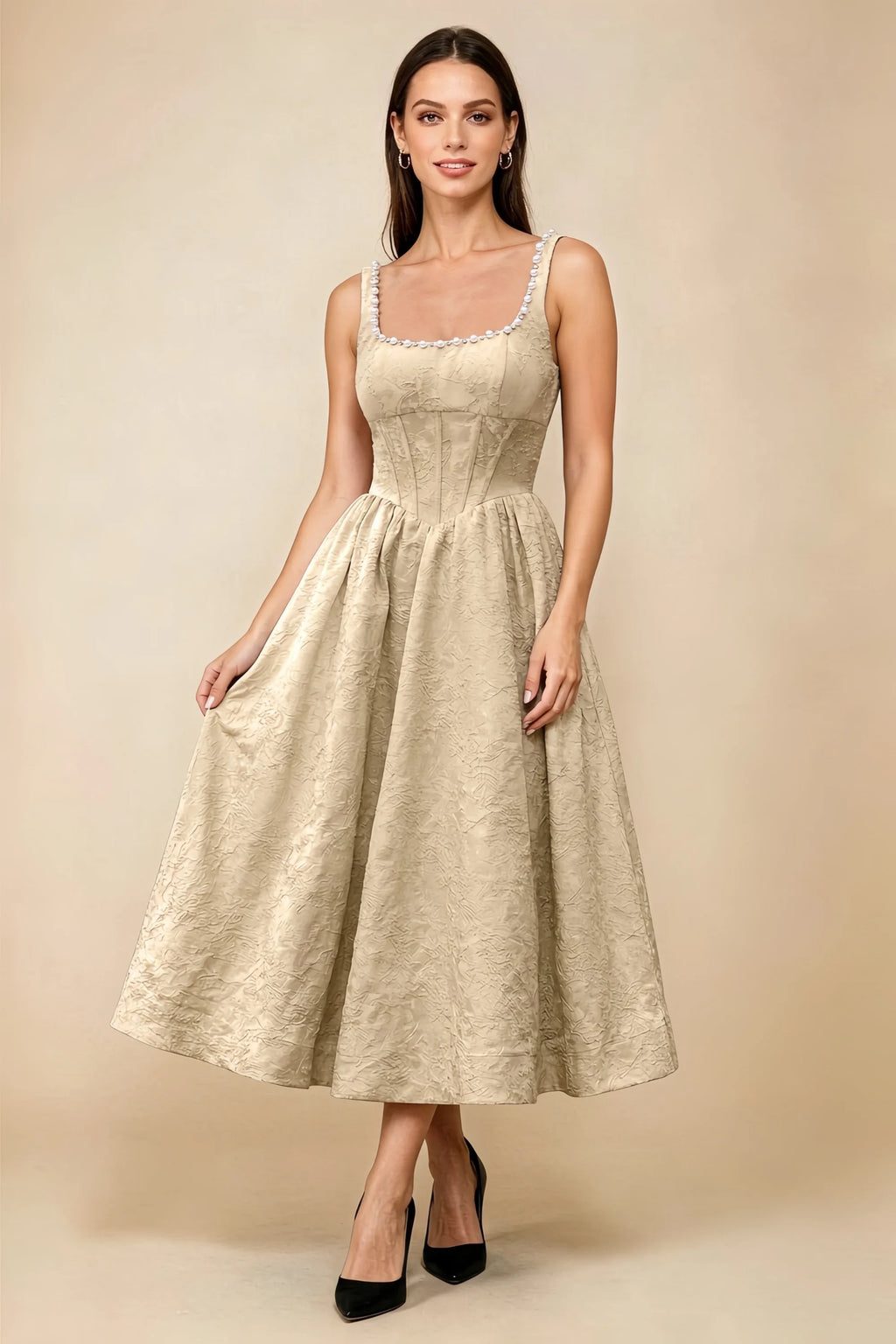 Alberta Champagne Jacquard Square Neck Midi Dress with Pearl