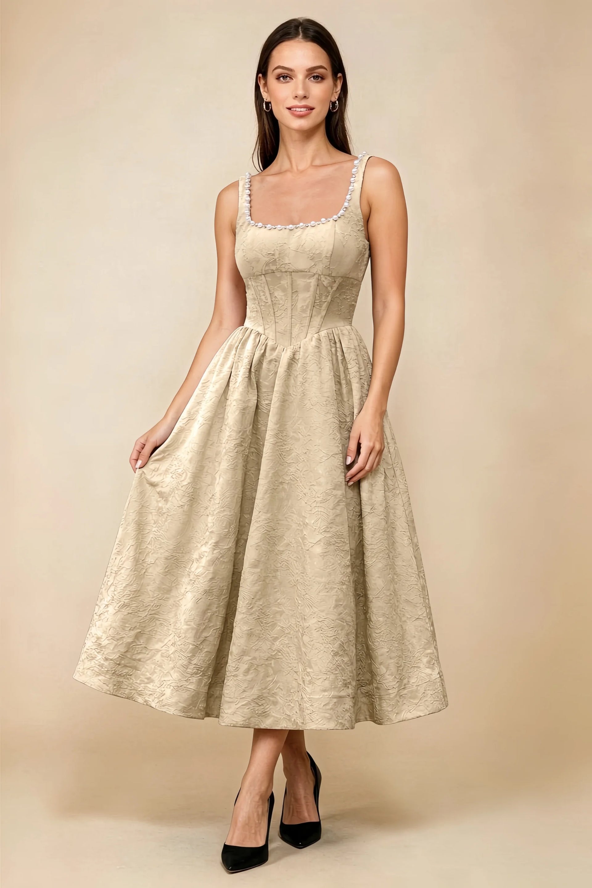 Alberta Champagne Jacquard Square Neck Midi Dress with Pearl