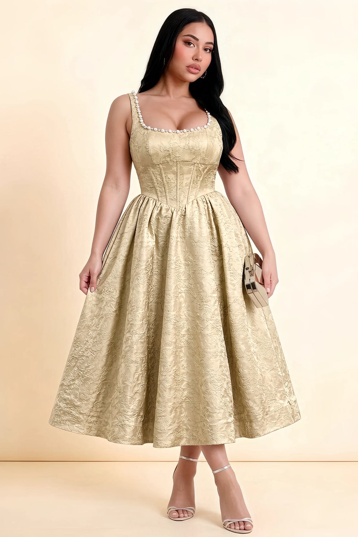Alberta Champagne Jacquard Square Neck Midi Dress with Pearl
