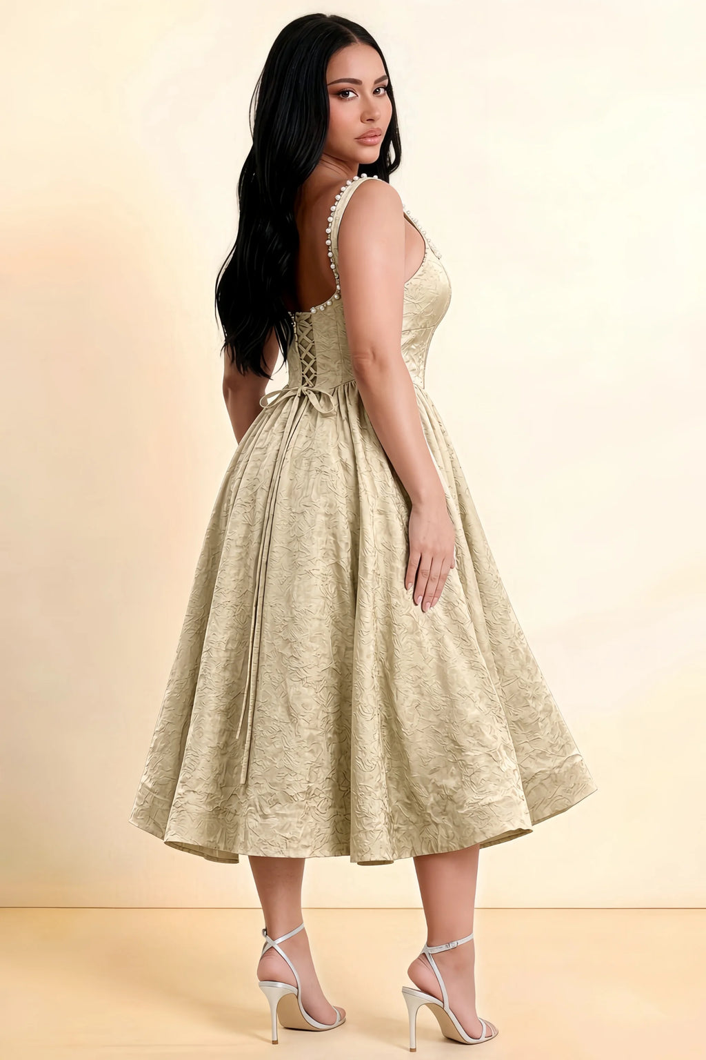 Alberta Champagne Jacquard Square Neck Midi Dress with Pearl
