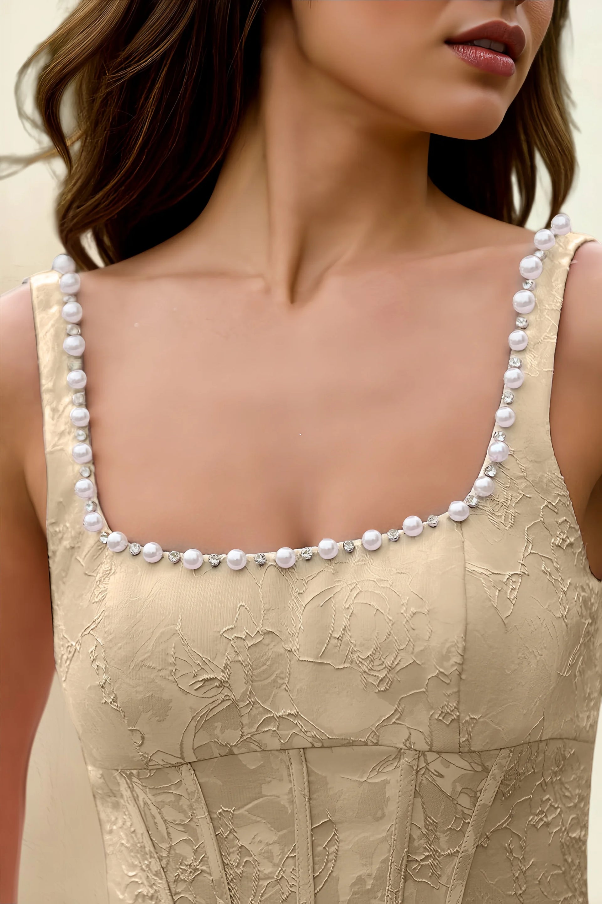 Alberta Champagne Jacquard Square Neck Midi Dress with Pearl