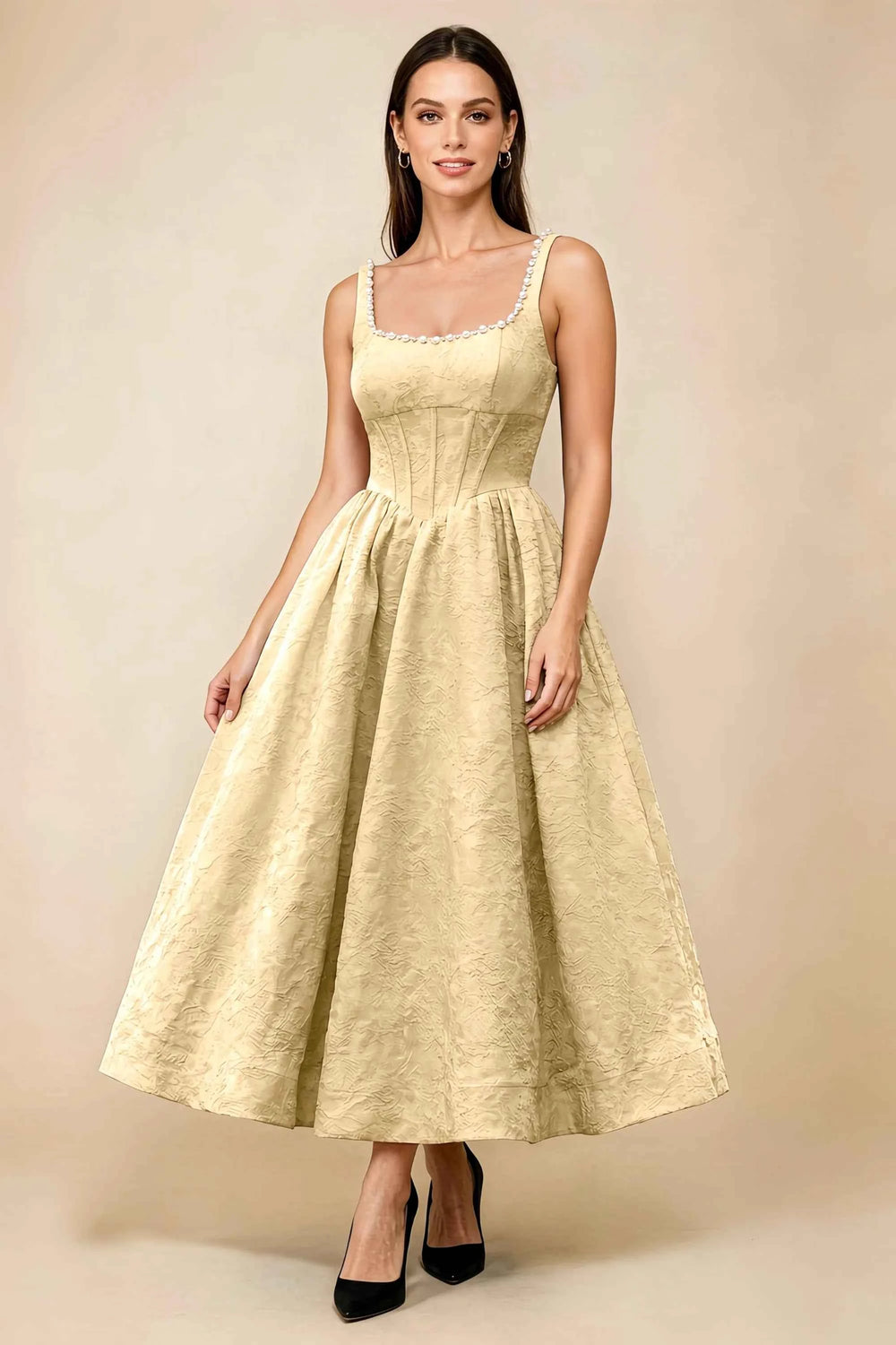 Translation missing: en.Front view of the LVLVS Alberta gold midi dress, showing the pearl-trimmed square neckline, fitted bodice and full flared skirt. content.product_image_main