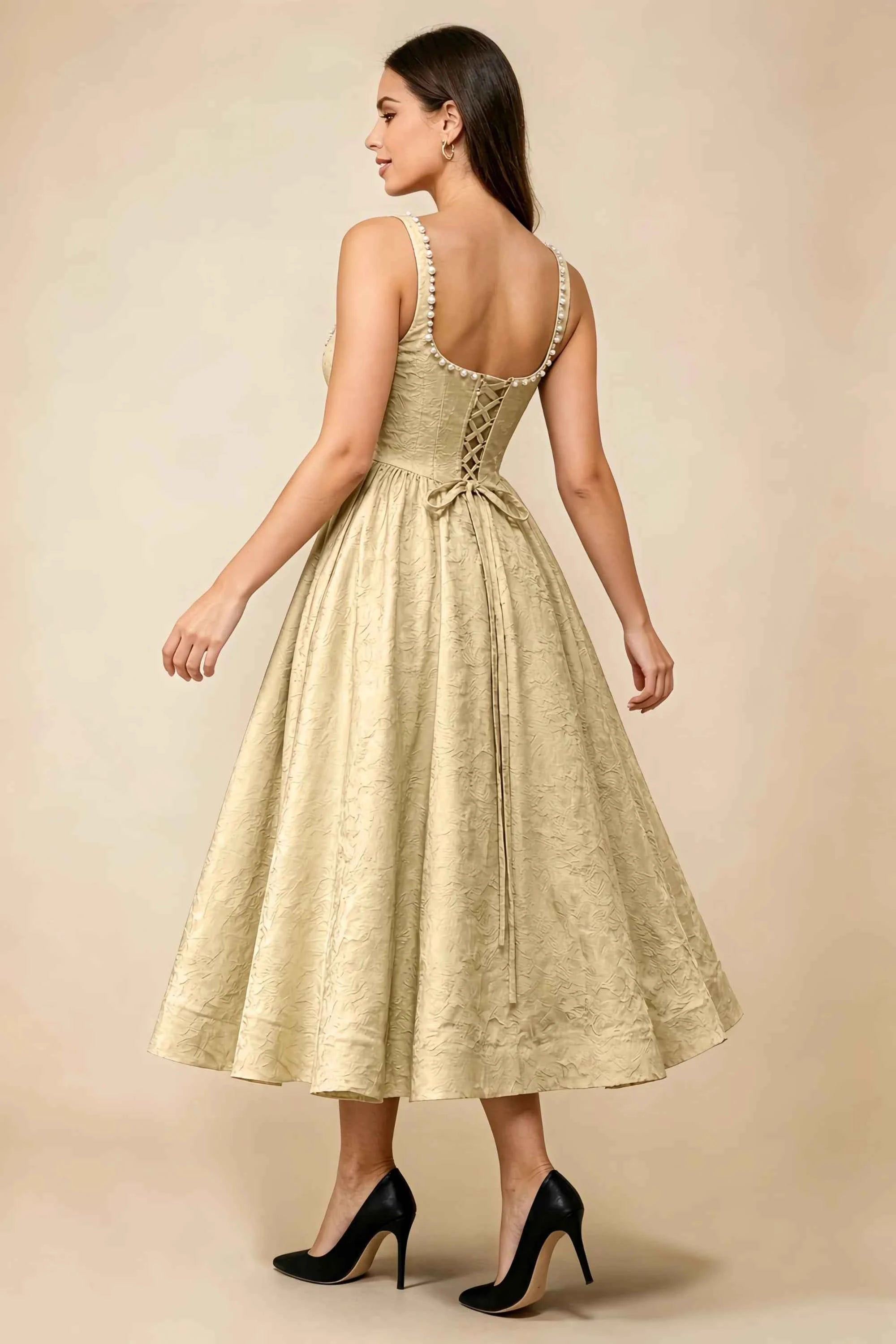 Alberta Gold Jacquard Square Neck Midi Dress with Pearl Secondary image